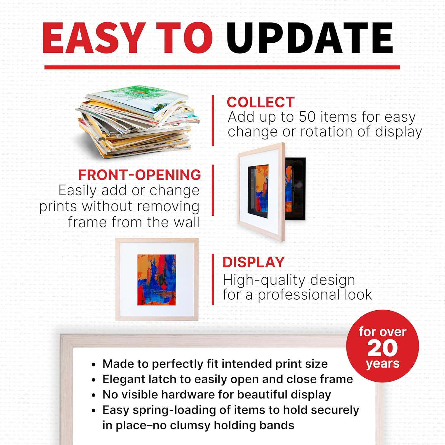 Dynamic Frames Front-Opening Storage Frame for 8.5x11 Prints; 17x17 Gallery Style with Acid-Free White Mat; Thin Profile; Includes Hanging Template & Hardware; Natural Finish