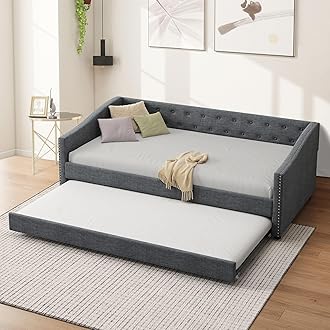 FAVSH Twin Size Upholstered Daybed with Trundle,Tufted Sofa Bed w/Button on Back and Piping on Waved Shape Arms for Bedroom Guest Room, No Box Spring Needed,Dark Gray