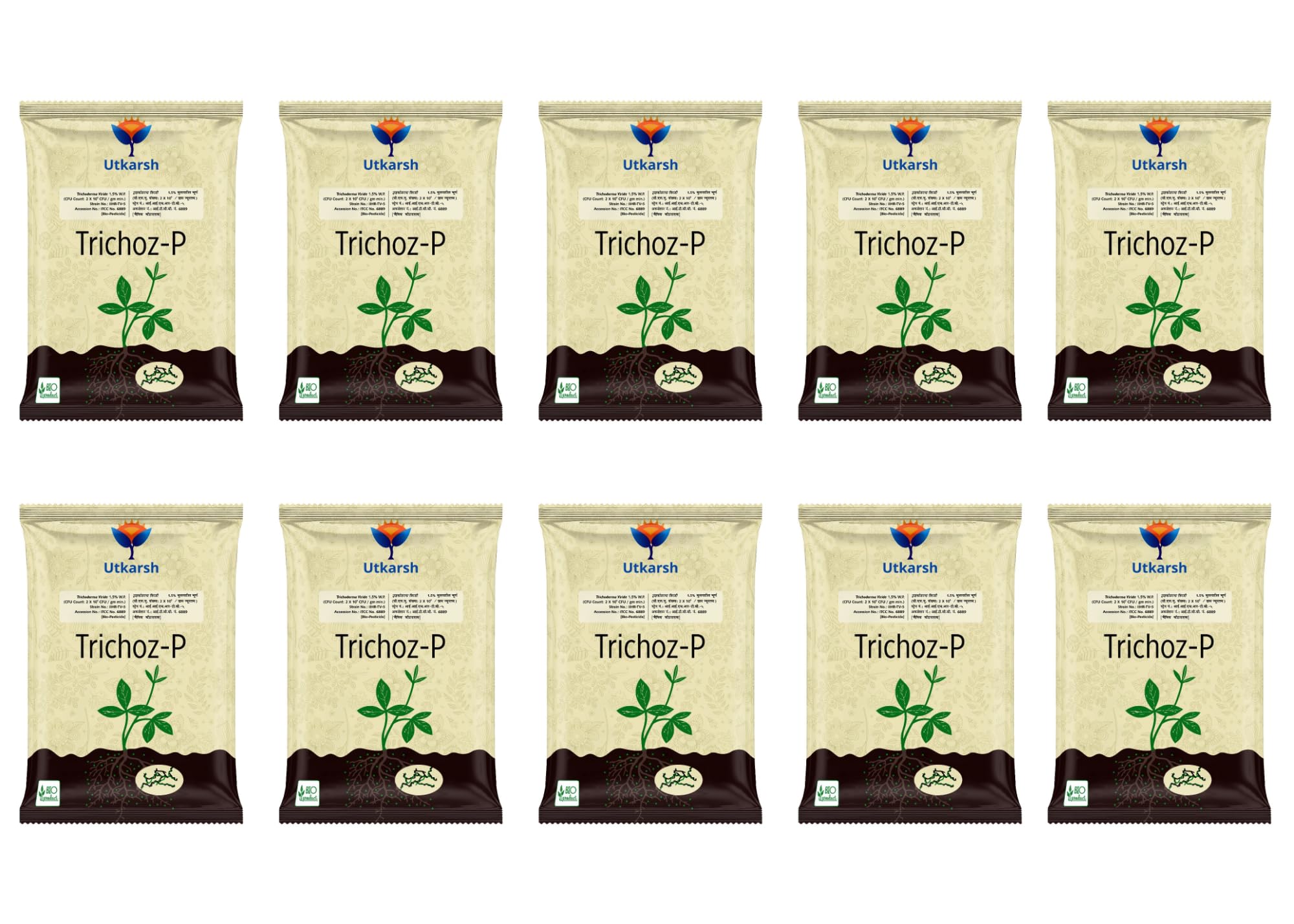 Utkarsh Trichoderma Viride 1.5% W.P.: 2 x 10^6 CFU/gm min. for Plants, Crops and Home Gardening - Trichoz-P (10 Kg; Pack of 10 of 1 Kg)