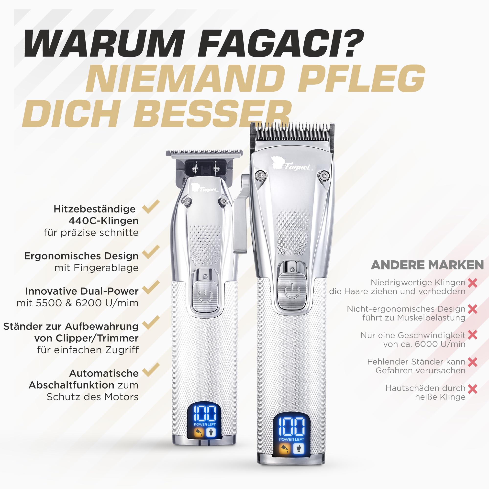Fagaci Haarschneidemaschine und Trimmer Profi, Turboleistung, 5H Akku | Akku 5h für die Maschine und 3h für den Trimmer, Klingen aus Hochkohlenstoffstahl, leise, Integrierter Überhitzungsschutz