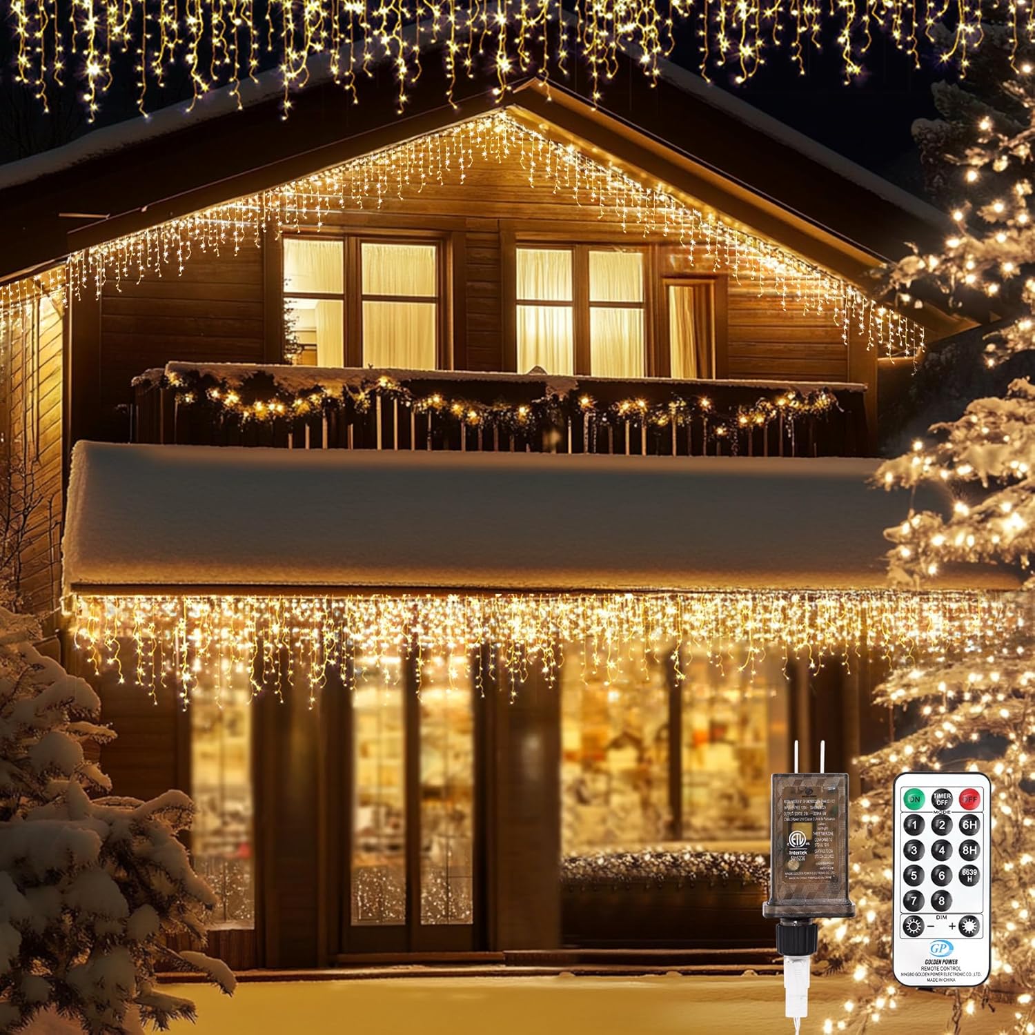 Icicle LED Christmas Lights Outdoor , 520 LED 49.2FT 8 Modes with 80 Drops Warm White Icicle Lights,Remote Control Outdoor Indoor Fairy String Lights for Christmas Party,Holiday,Wedding Decorations