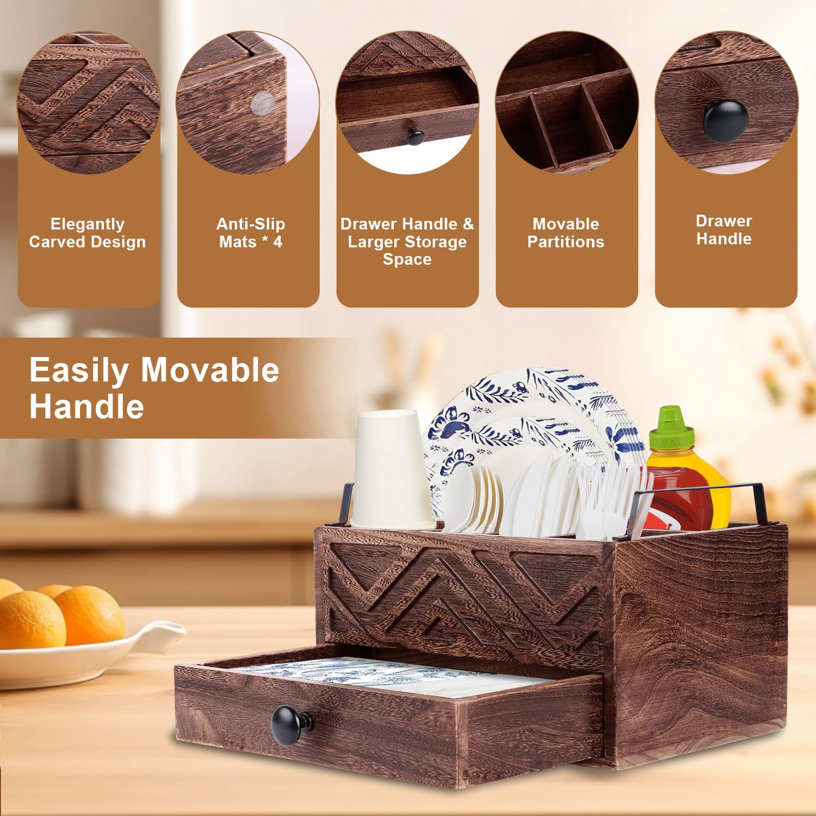 Dispensador de platos de papel con cajón, organizador de encimera de cocina de madera rústica para tazas, cucharas, tenedores, platos, servilletas y cubiertos (marrón)