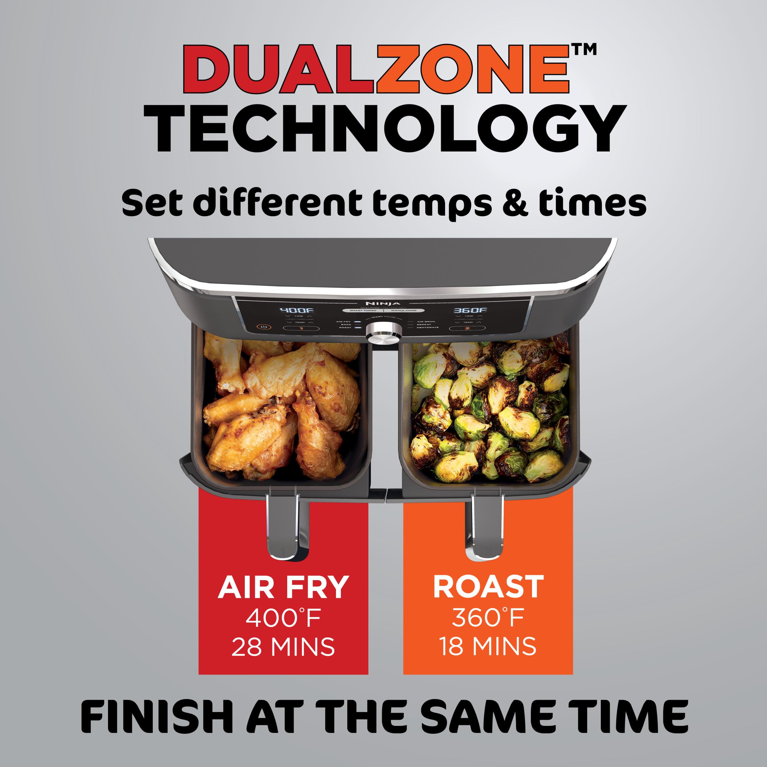 Ninja DZ401 Foodi 10 Quart 6-in-1 DualZone XL 2-Basket Air Fryer with 2 Independent Frying Baskets, Match Cook & Smart Finish to Roast, Broil, Dehydrate for Quick, Easy Family-Sized Meals, Grey view 6