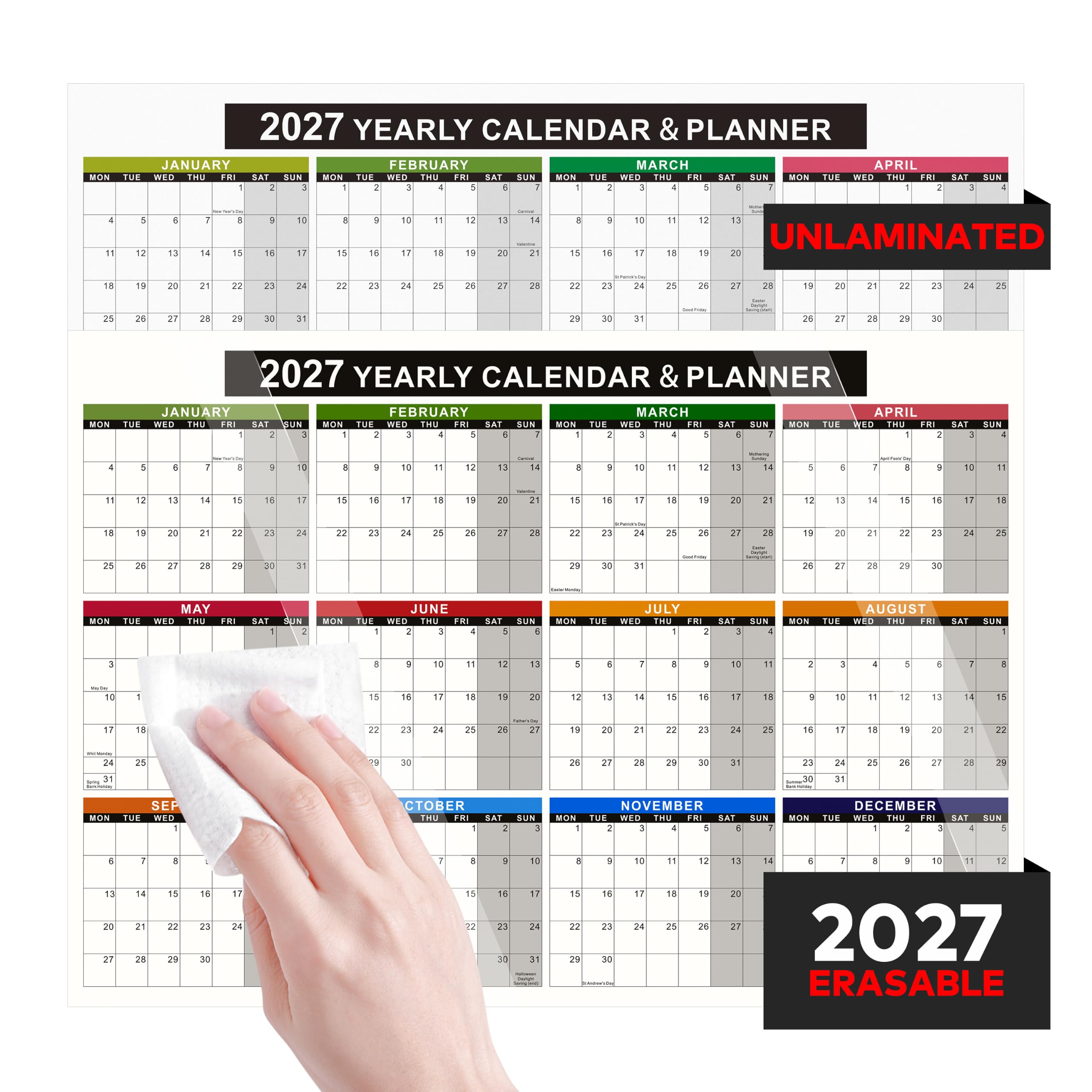 2027 UK Wall Calendar Planner, A3 420x297mm Yearly Desk Calendar, 12-Month Planning Chart, 300gsm Thick&Durable Cardstock 2-Sided Printed 1 Maminated Erasable Pack of 2 (1 Erasable 1 Colorful-2027)