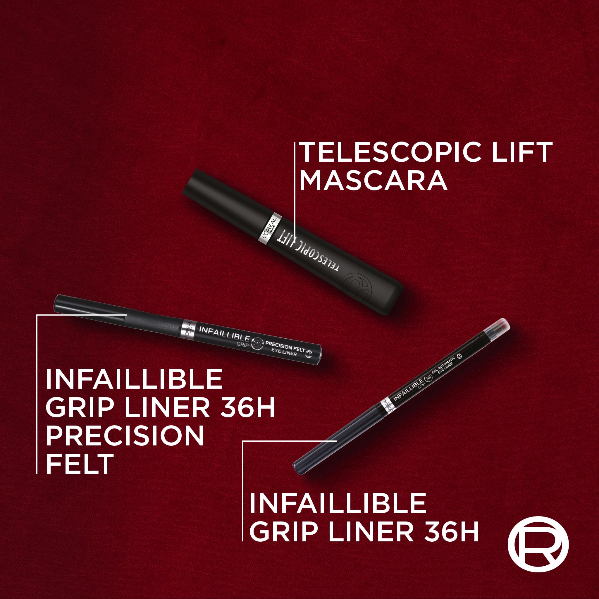 L'Oréal Paris Beauty Regalo Make Up con Mascara Telescopic Classico Nero, Eyeliner Infaillible Precision Felt Black e Matita Occhi Infaillible Grip Liner Black, Con Beauty Champagne in Velluto