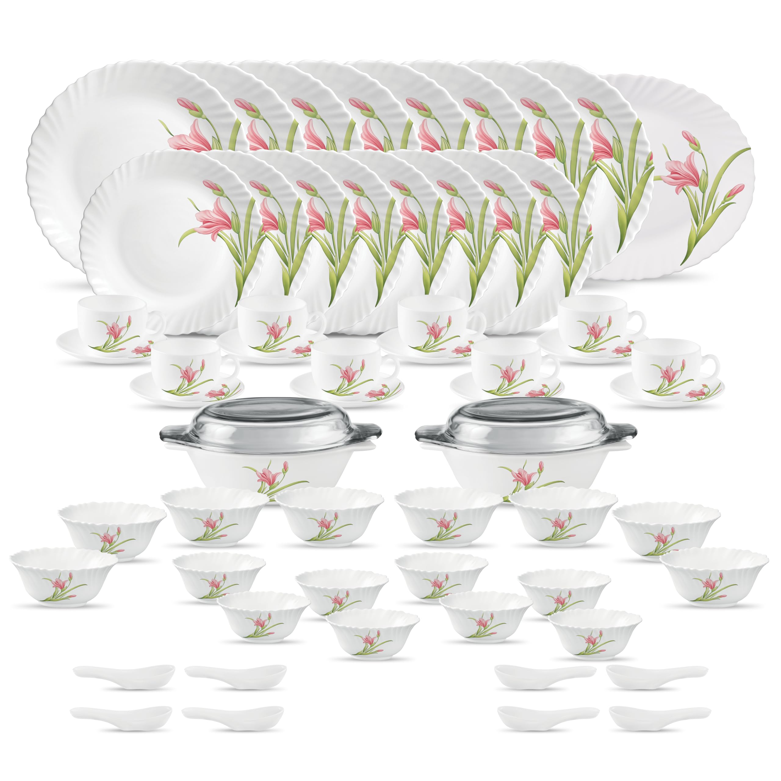 La OpalaDiva, Classique Collection, Opal Glass Dinner Set 61 pcs, Flaming Red, White