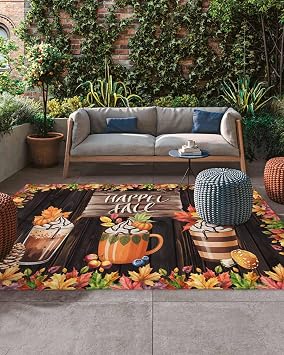 Fall Outdoor Rug, 5x8 Feet Outdoor Plastic Straw Rug, Stainproof Patio Rug, Indoor Outdoor Carpet, Thanksgiving Maple Leaves Coffee Pine Cones Area Rug Outside for Patio Picnic Balcony Deck Backyard
