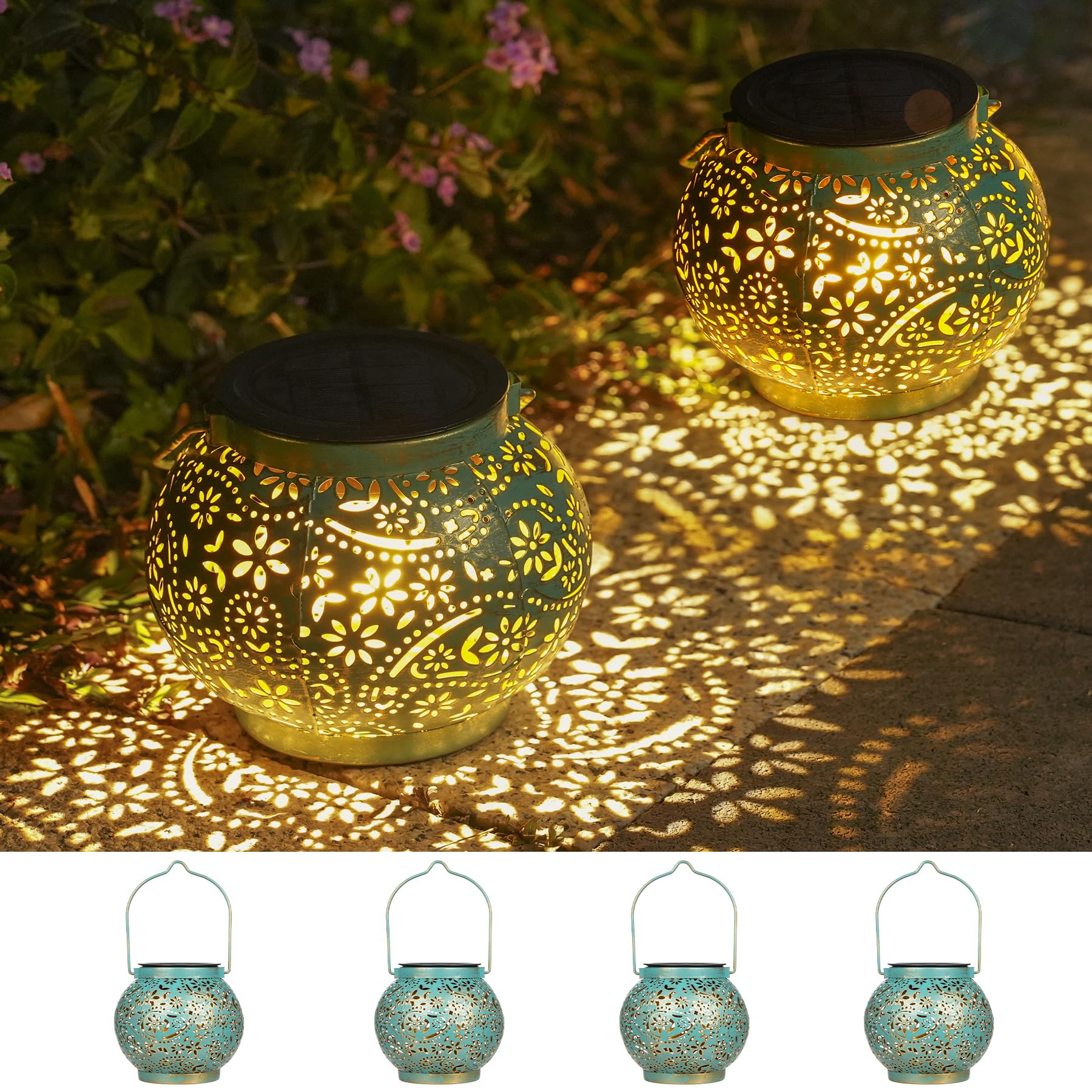 Farolillos solares para exteriores, 4 unidades, IP65, resistentes a la intemperie, para exteriores, metal, lámparas solares orientales, para exterior, jardín, decoración, porche, balcón, terraza,