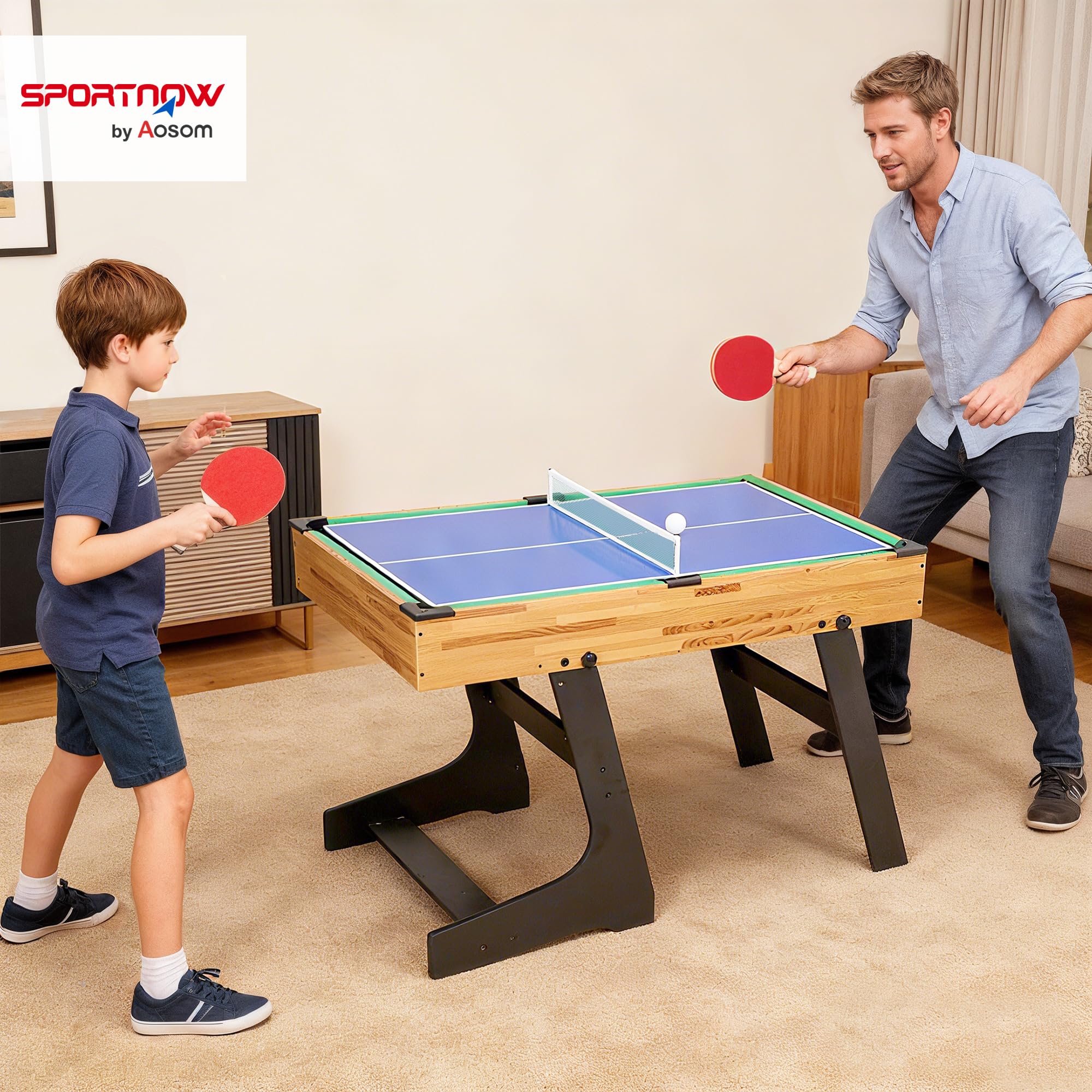 SPORTNOW Mesa Multijuegos Plegable 13 en 1, Mesa de Juego con Futbolines para Niños, Billar, Ping-pong, Hockey, Ajedrez, Damas, Backgammon y Accesorios, Diversión Familiar para Adultos y Niños Natural