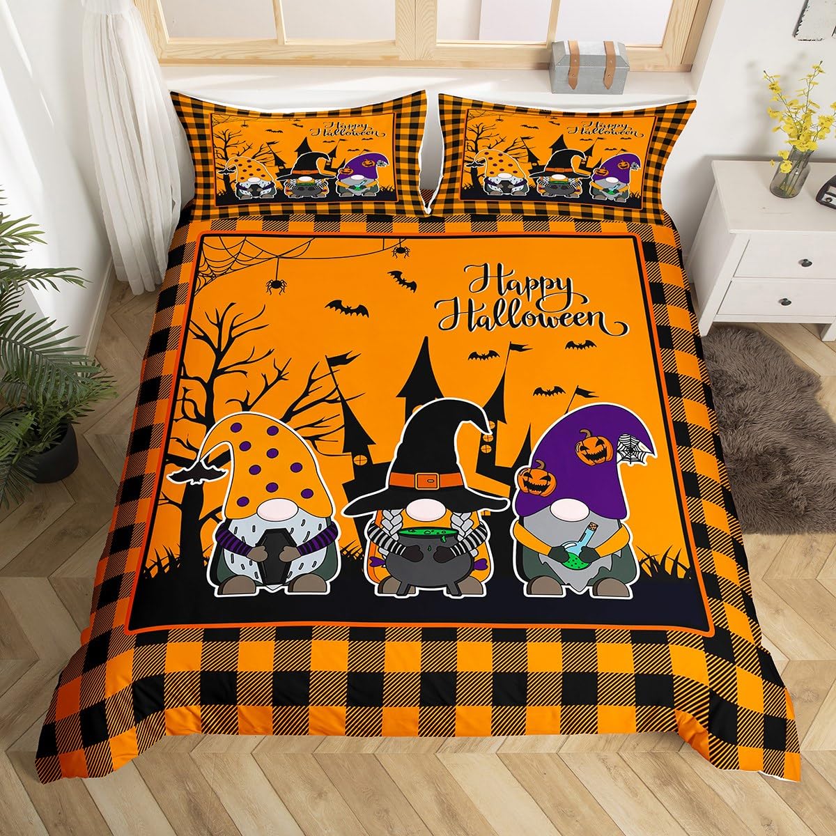 Cute Gnomes Duvet Cover Set Super King Size, Halloween Theme Comforter Cover with 2 Pillowcases, Black Tree Spider Pumpkin Plaid Bedding Set 3pcs for Kids Boy Room Decor Lightweight Bedspread Cover