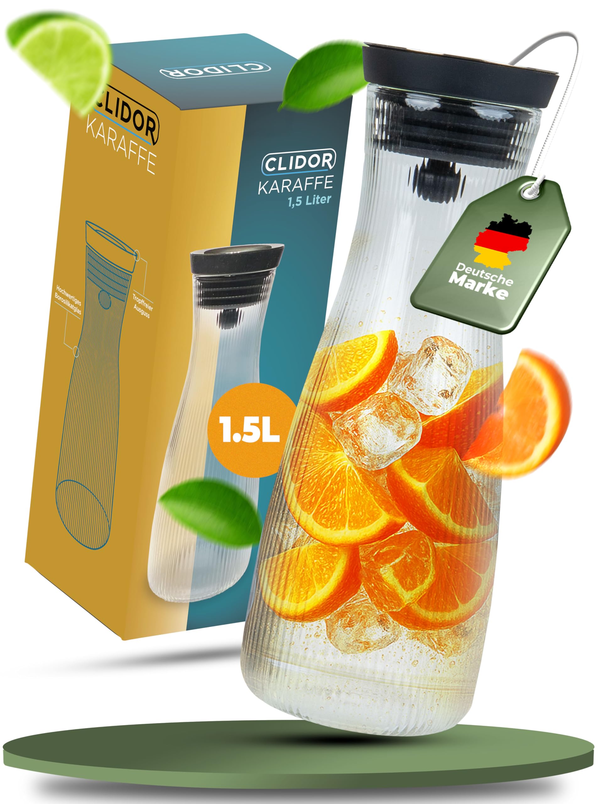 CLIDOR Wasserkaraffe mit Deckel - 1,5 L, edles Klarglas Design, Tropffreie Glaskaraffe mit Deckel, Eleganter Wasserkrug mit feiner Filterung, Ideal für Fruchtwasser, Säfte, Infused Water (1500ml)