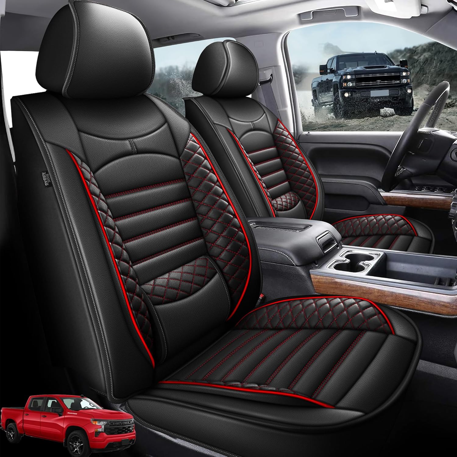 AOMSAZTO Seat Covers Fit for Chevrolet Chevy Silverado 2007-2025 2026 GMC Sierra Silverado 1500 2500HD 3500HD Trail Boss Z71 Crew Double Extended Cab Leather Truck Seat Covers Full Set (Black&Redline)
