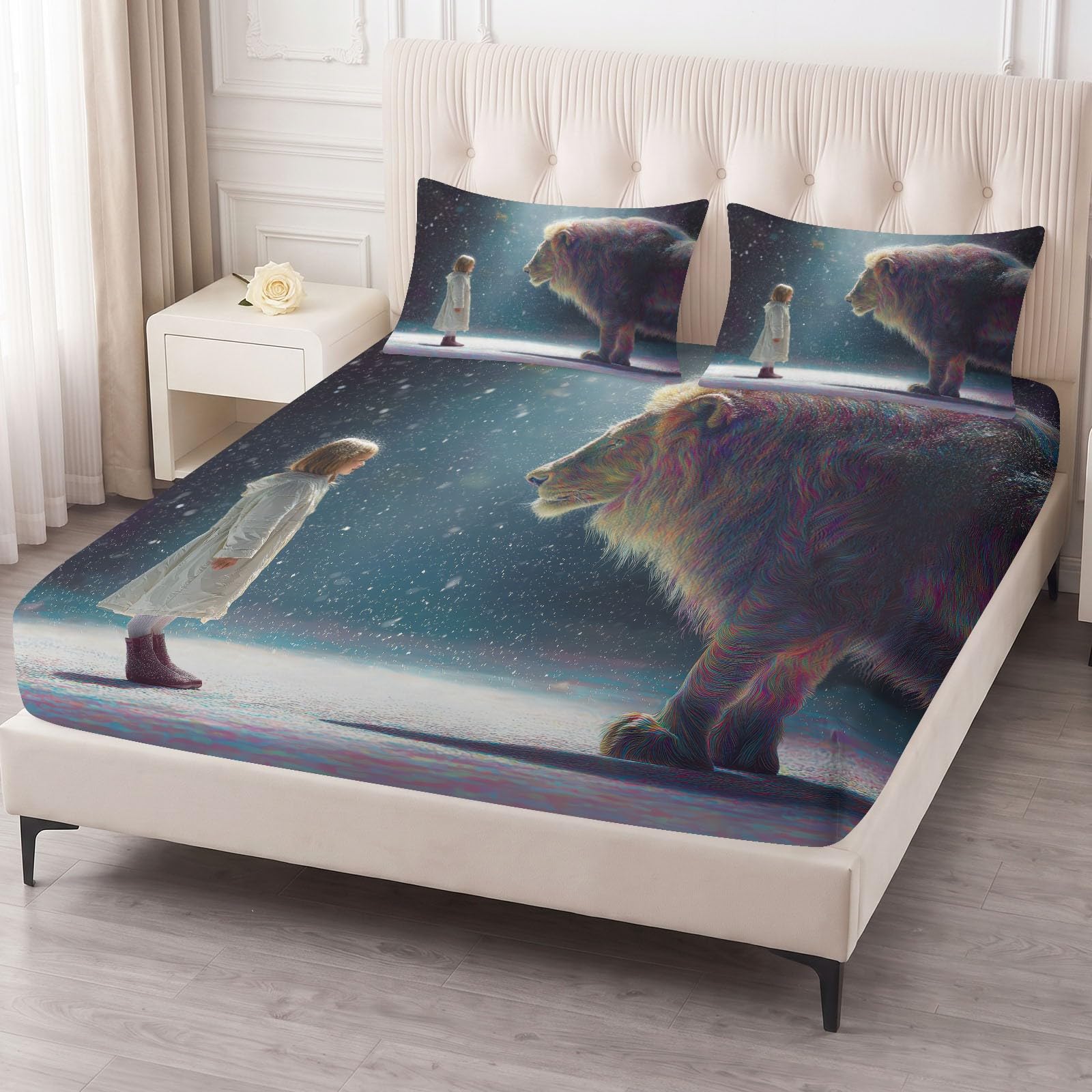 Dziewczęce prześcieradło z gumką z mikrofibry, motyw lwa, z mikrofibry, miękkie prześcieradło 180 x 200 cm, dla dzieci, chłopców, dziewczynek, młodzieży, sypialni, dekoracja Fantasy na zimę, zestaw