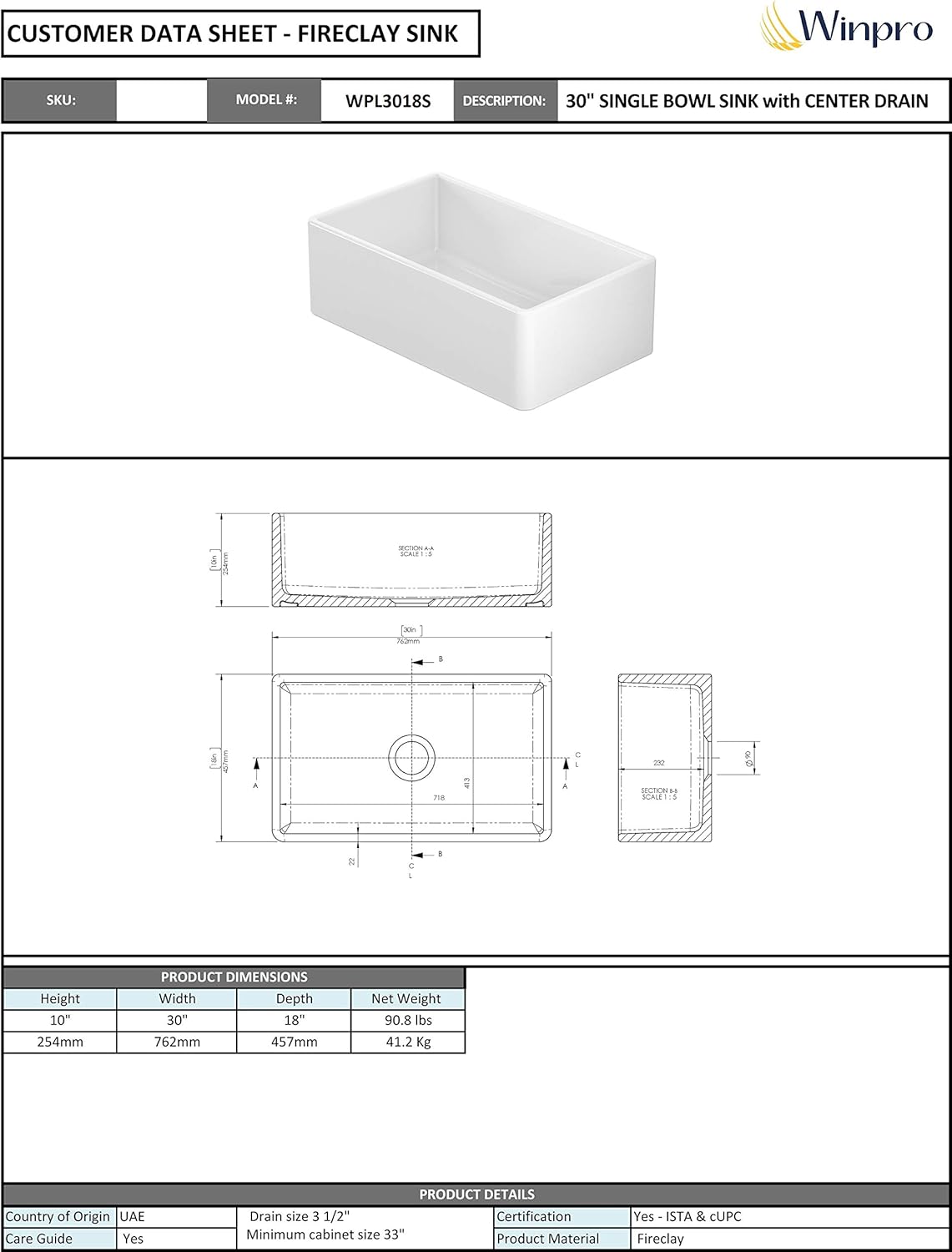 Winpro Farmhouse Apron Front Fireclay 30" x 18" x 10" Plain Single Bowl Kitchen Sink with Center Drain in White