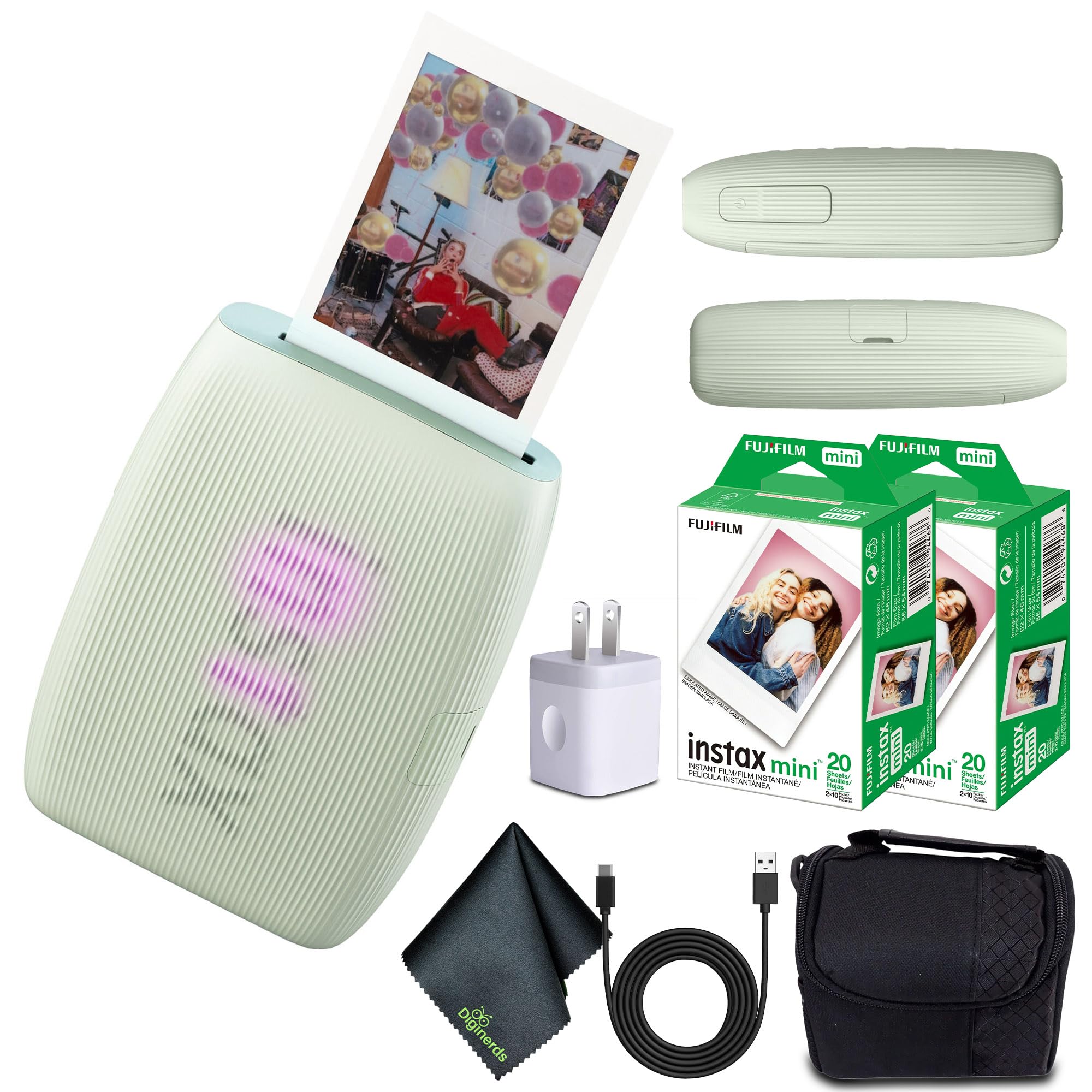 Fujifilm INSTAX Mini Link 3 Smartphone Printer (Sage Green) + Travel Bag Small + 2X INSTAX Mini Instant Film (40 Sheets) + USB Power Charging Adapter + Diginerds Microfiber Cleaning Cloth