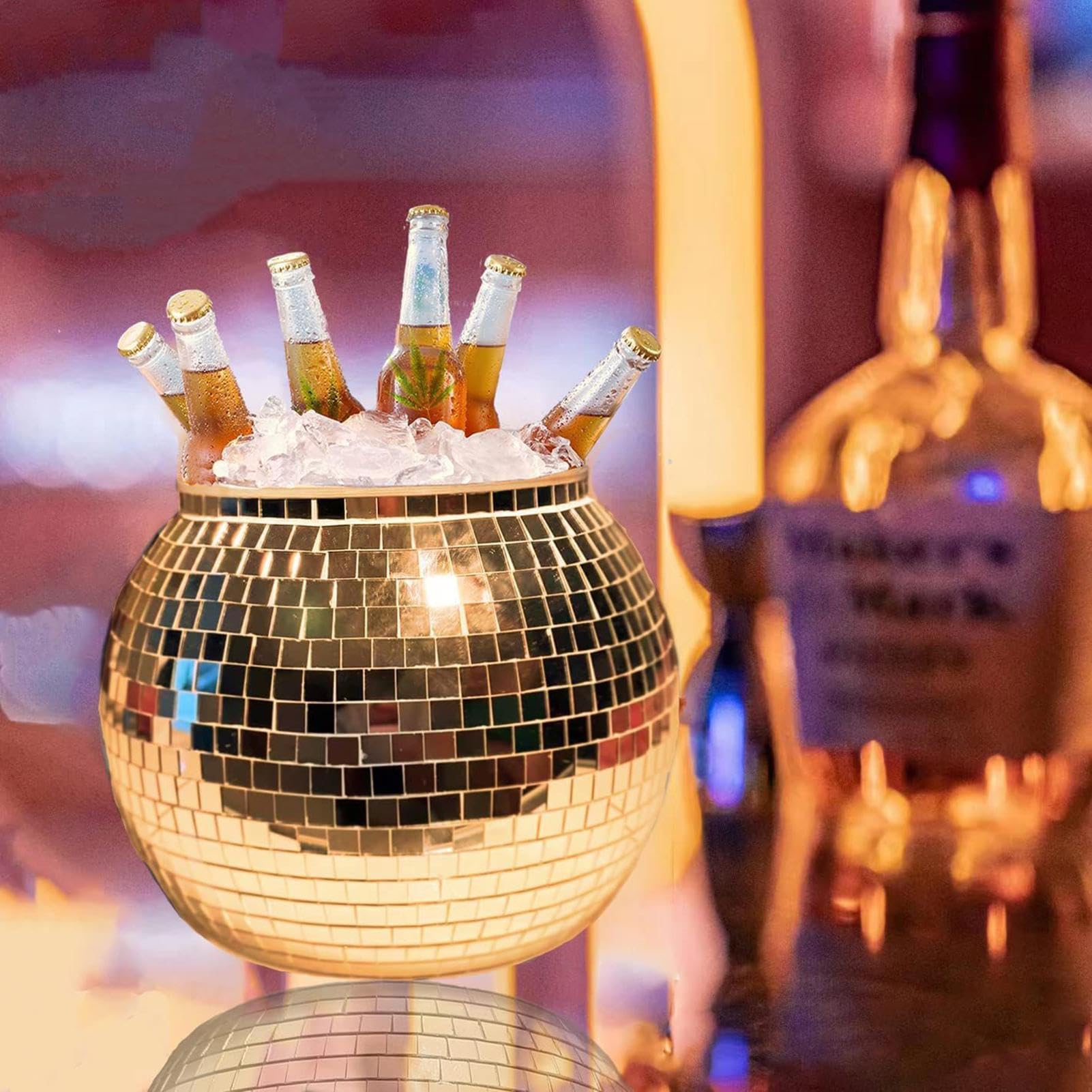 Cubitera de hielo – Cubo de hielo con bola de discoteca | 3L reflectante cóctel Íce Büucket, disco cerveza vino enfriador de vino, copa reflectante champán, botella de bebidas de bola para bar
