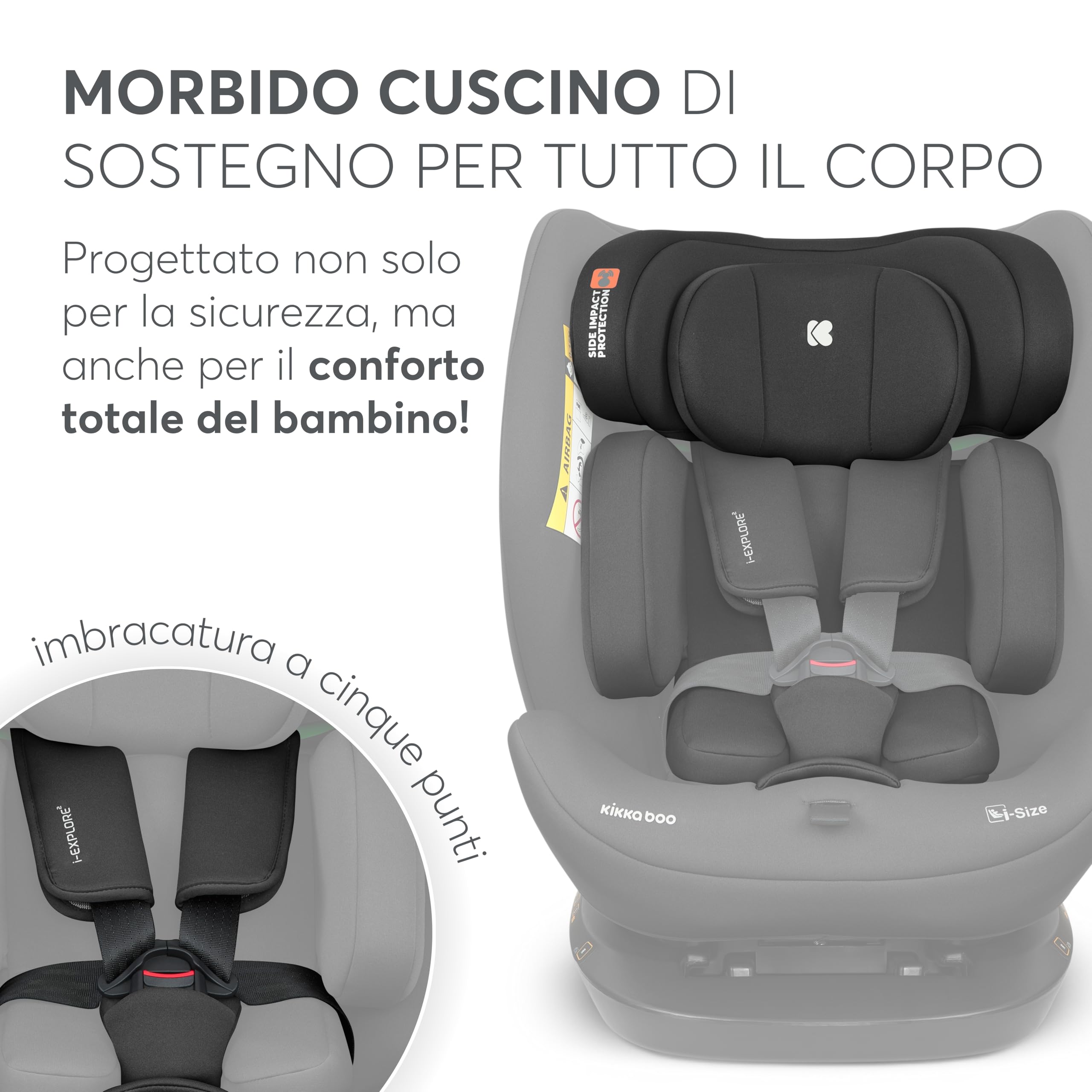 KikkaBoo Seggiolino Auto 0–36 kg Reclinabile i-EXPLORE 2, Gruppo 0 1 2 3, Girevole Avanti e Indietro, Imbracatura a 5 Punti, 40–150 cm, Nero