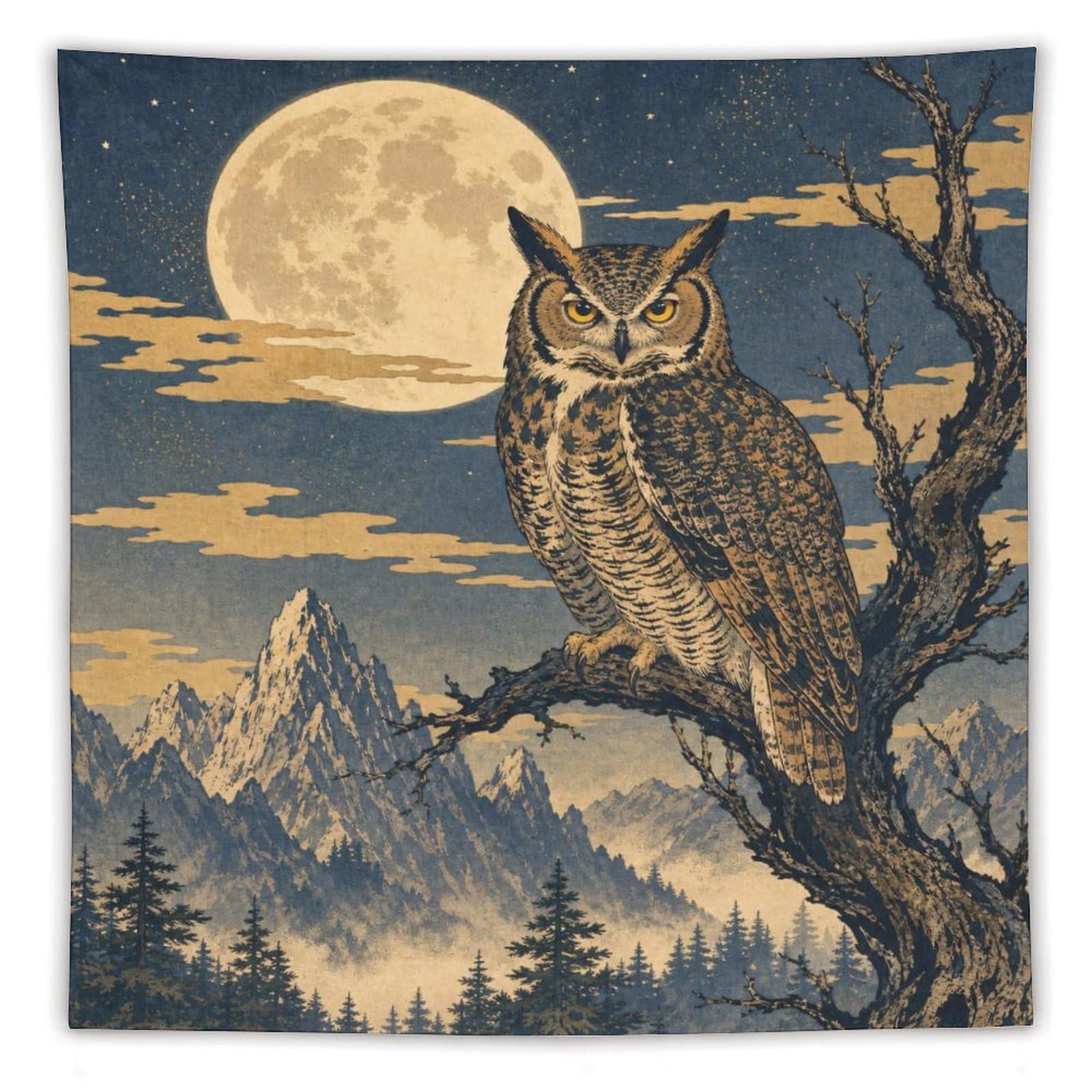 W7C8U2X3 Moon Owl on Branch Wall Tapestry, Realistic Illustration