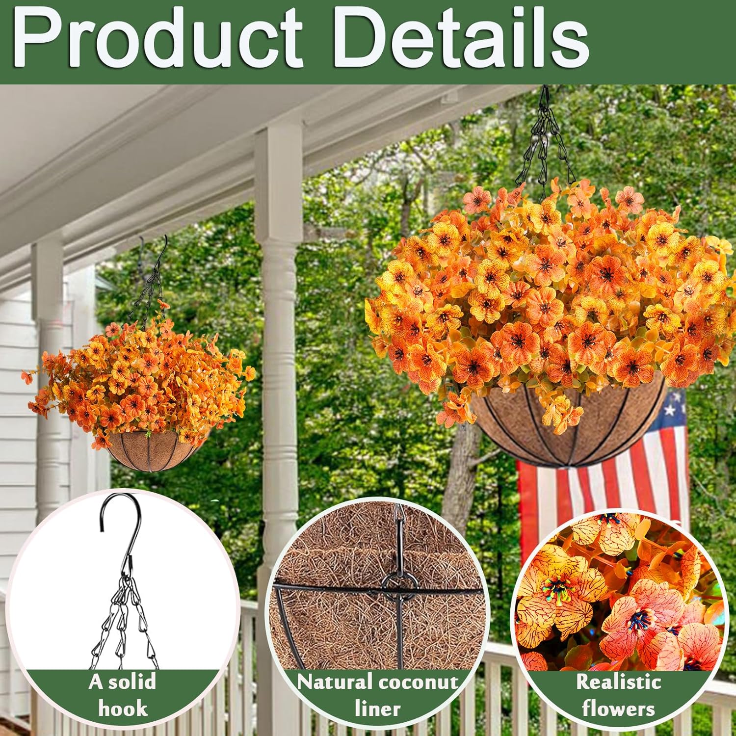 Orgrimmar 2 Pack Artificial Fall Mums Hanging Basket - UV Resistant Fake Hanging Plants with Realistic Silk Mums & Eucalyptus, Coconut Lining Baskets for Home Porch Balcony Patio Yard (Orange) - Image 3