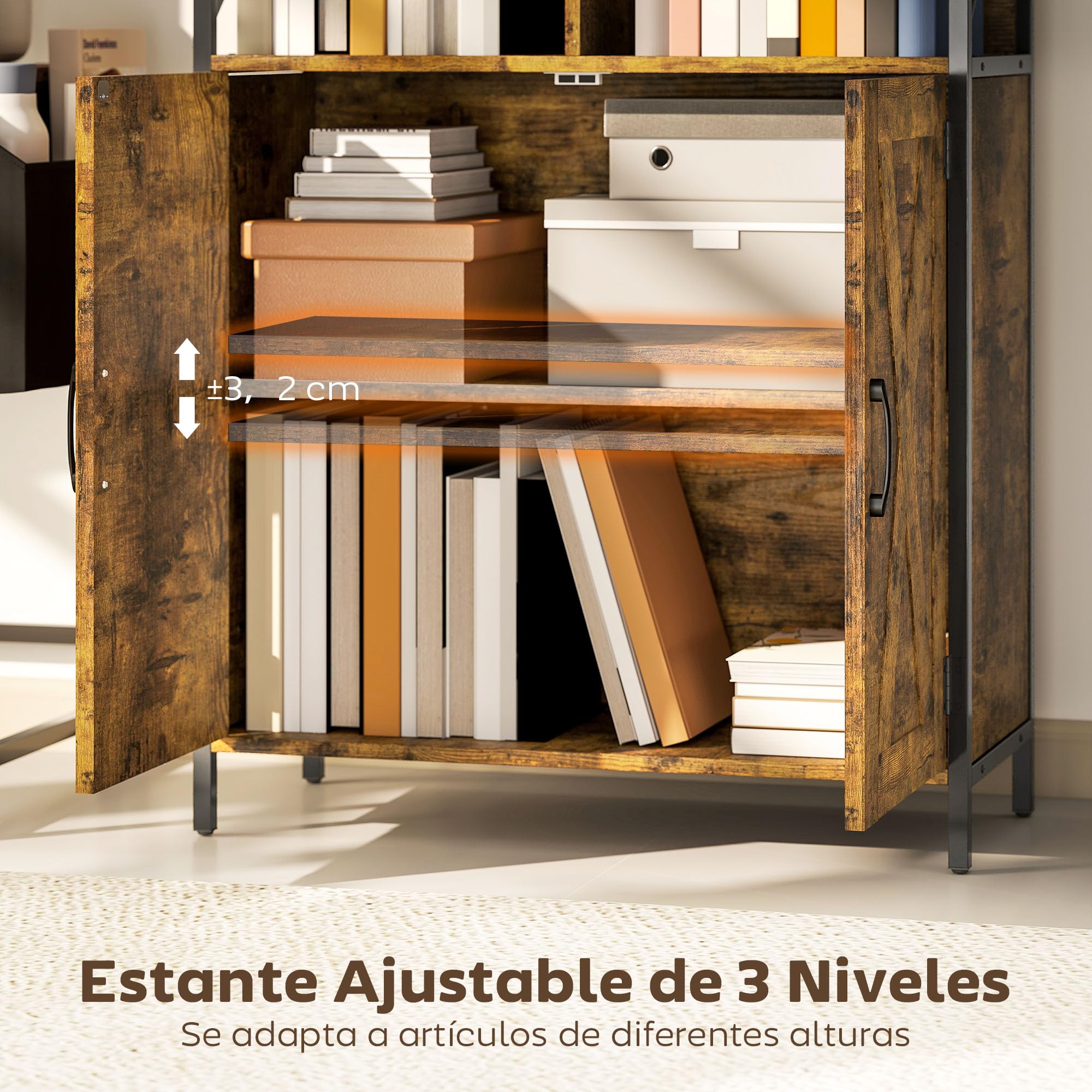 HOMCOM Librería de 6 Niveles Estilo Industrial 75x34x172 cm Marrón Rústico | Estantería de Libros Organizador, 6 Compartimentos Abiertos, 2 Puertas, Estante Ajustable, Salón Oficina Dormitorio