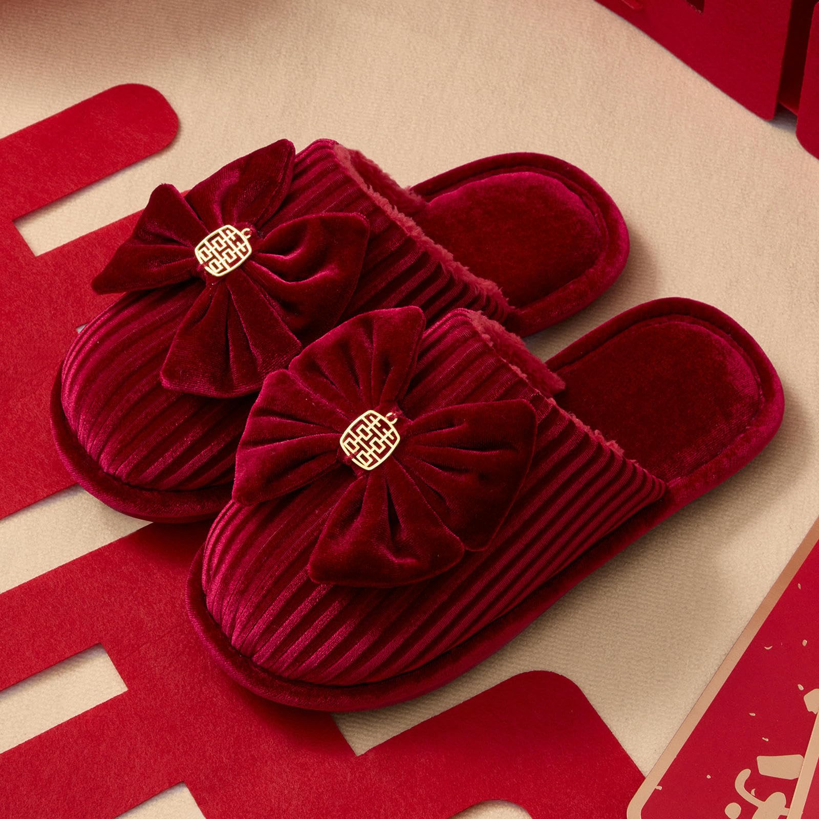 Pantofole Donna da Sposa Antiscivolo in Pile Corallo per Gli Sposi, Casa Leggere-Modello Uomo Rosso-40-41