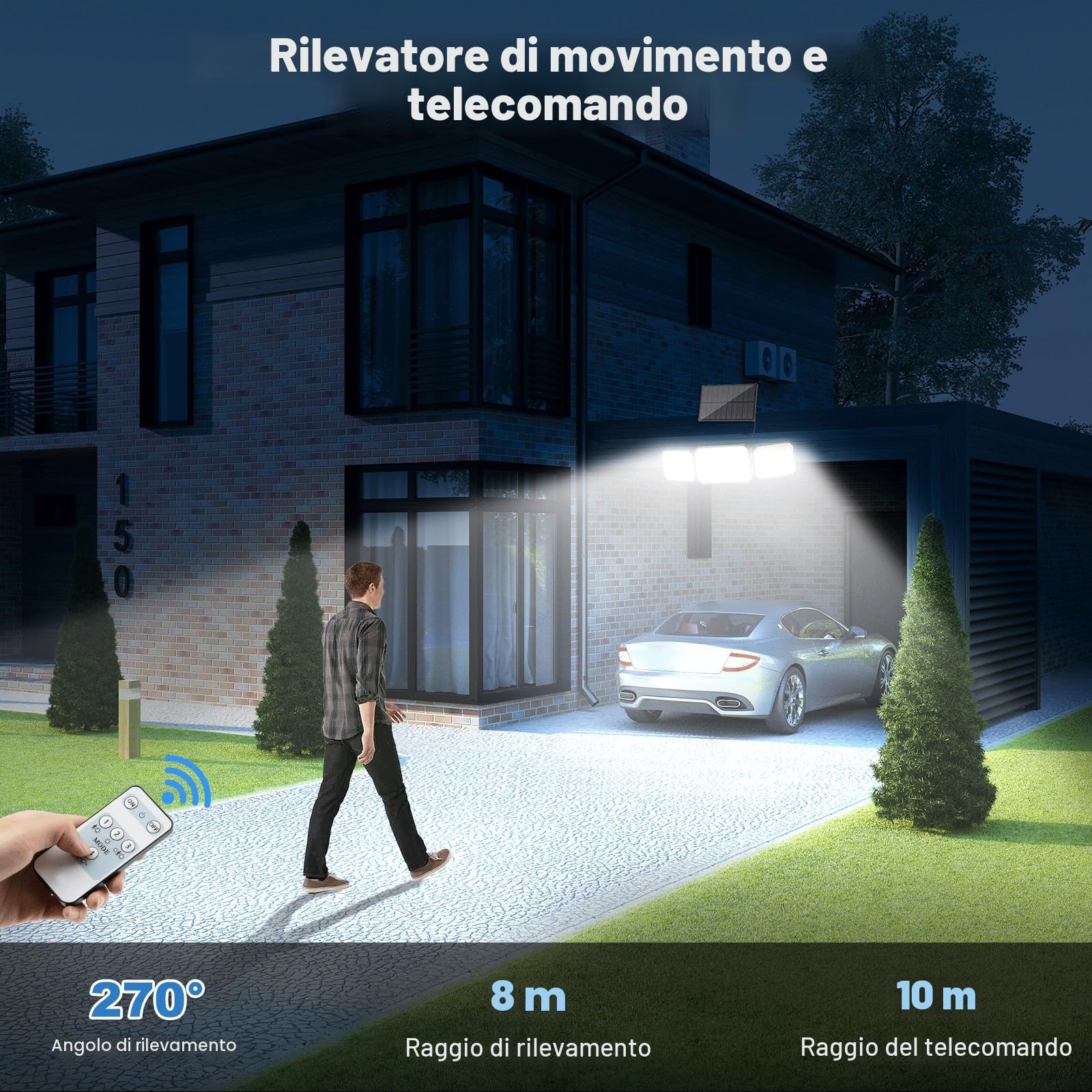 Luci Solari da Giardino, Faretto Led da Esterno Solare con Sensore di Movimento, Luce Solare Led Esterno con Telecomando 4 Modes IP67 Impermeabile, 2 Pezzi