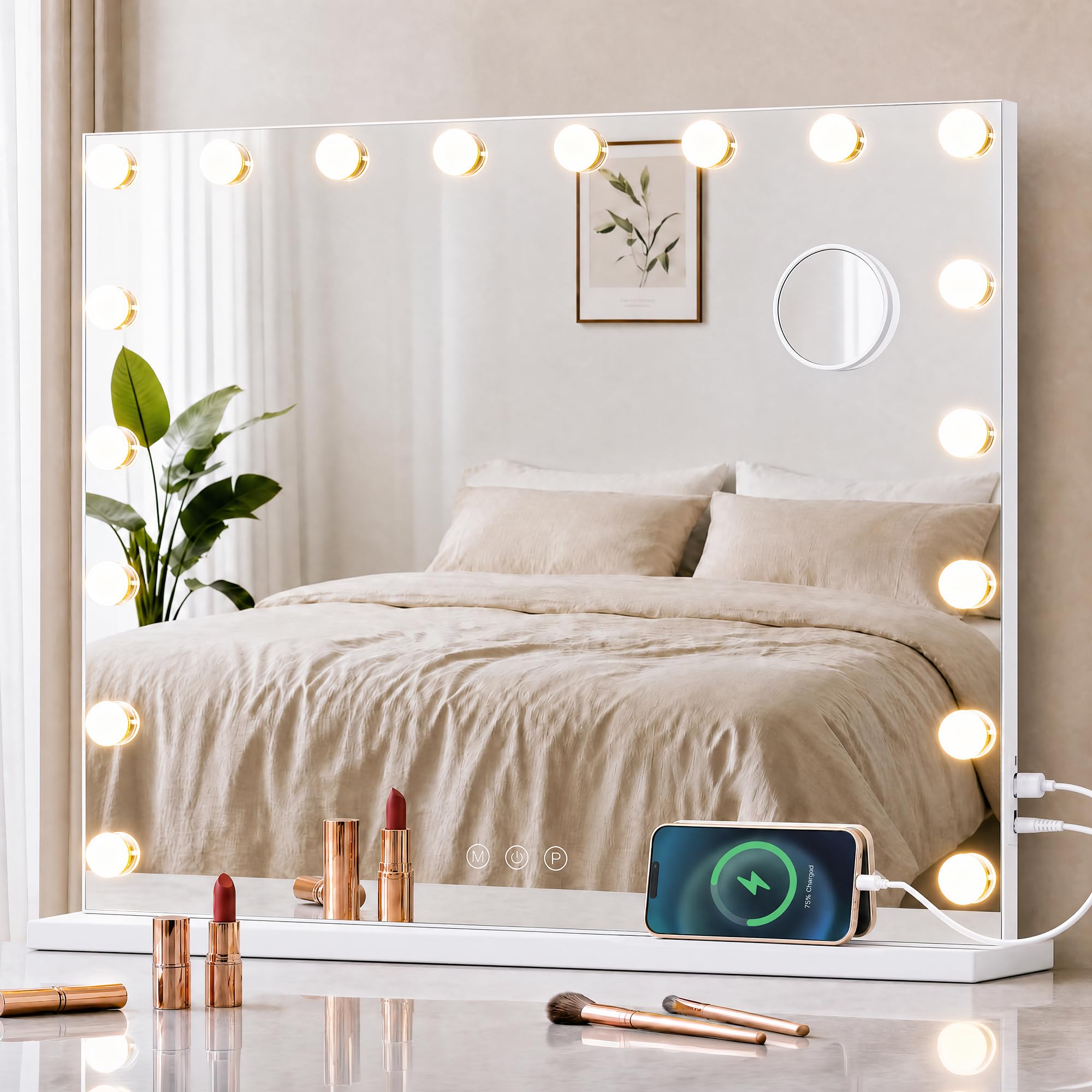 SONGMICS Vanity Mirror with Lights, Makeup Mirror with 18 LEDs, 3 Colour Modes, Dimmable, 10x Magnifying, USB Port, 62 x 80 x 5.7 cm, for Dressing Table, Matte White, Berit Collection LWM223WC03 — image 1