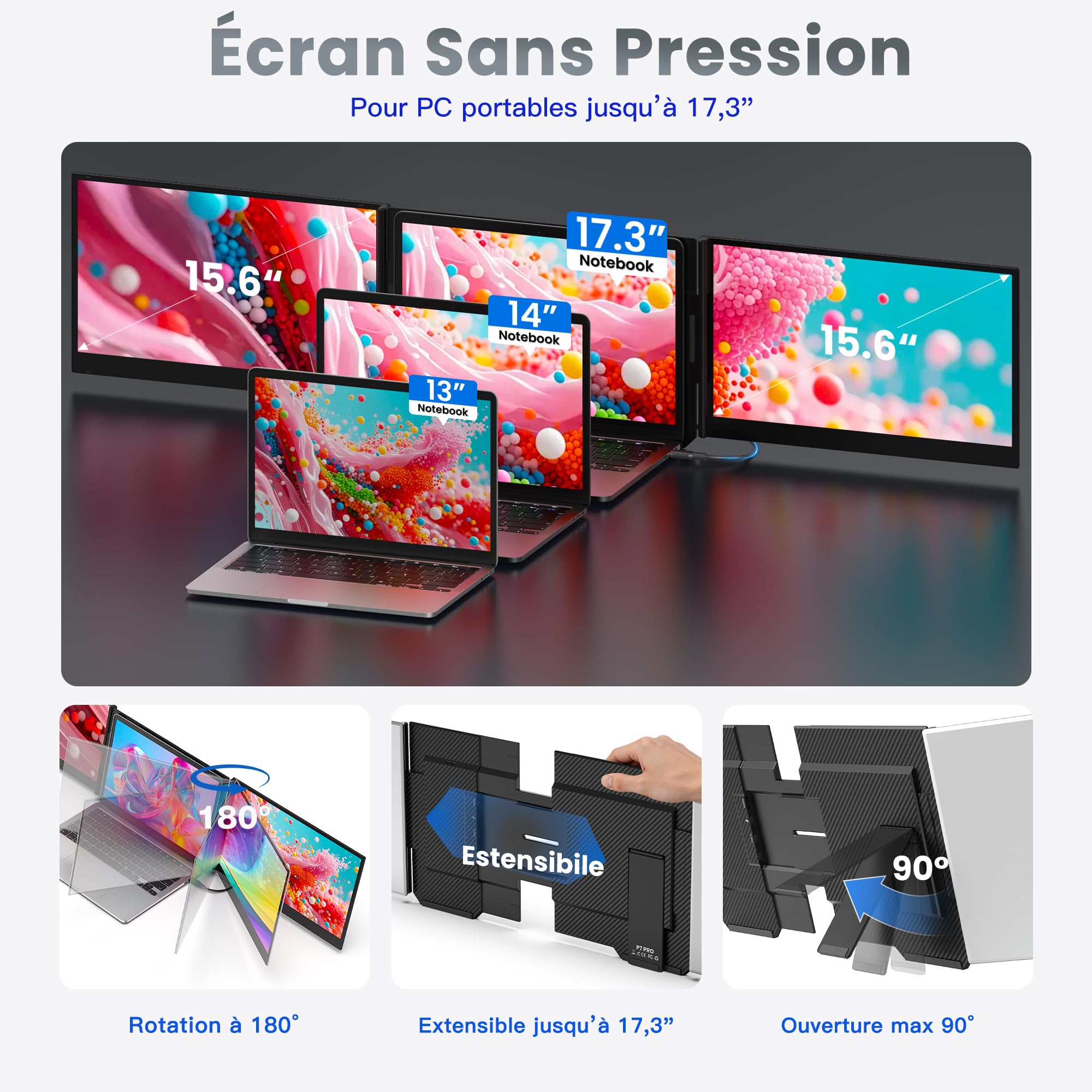 Kwumsy Écran Portable 15,6 Pouces – Triple Écran PC Portable FHD 1080P IPS, Extension d'Écran USB-C Plug & Play, Moniteur Portable Compatible Mac/Windows et Ordinateurs Portables jusqu'à 17,3"