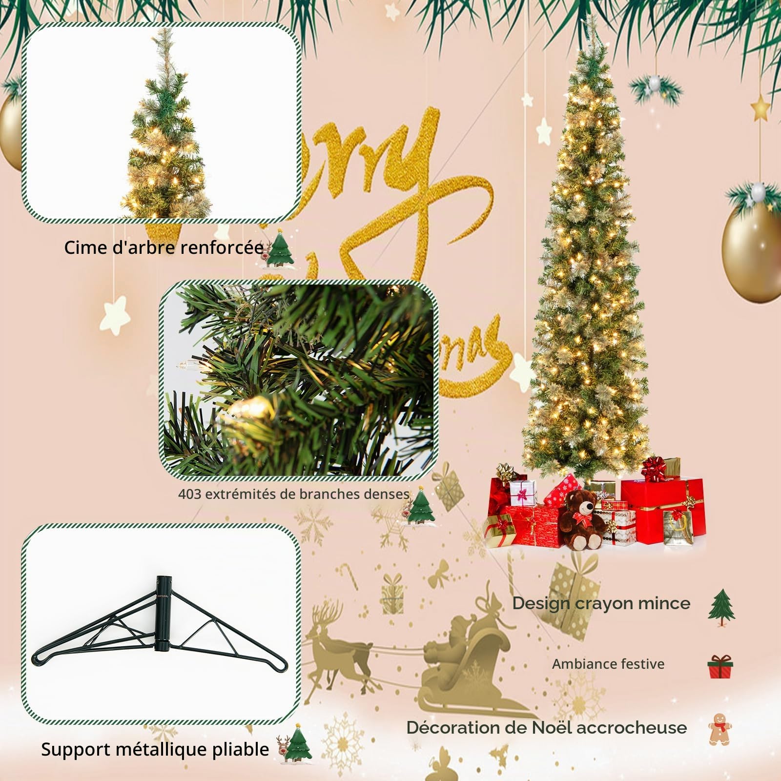 LIFEZEAL Demi - Arbre de Noël Artificiel Slim 210 cm, Arbre Mural Semi-Lumineux avec 403 Branches de Pin, Réaliste,Christmas Tree