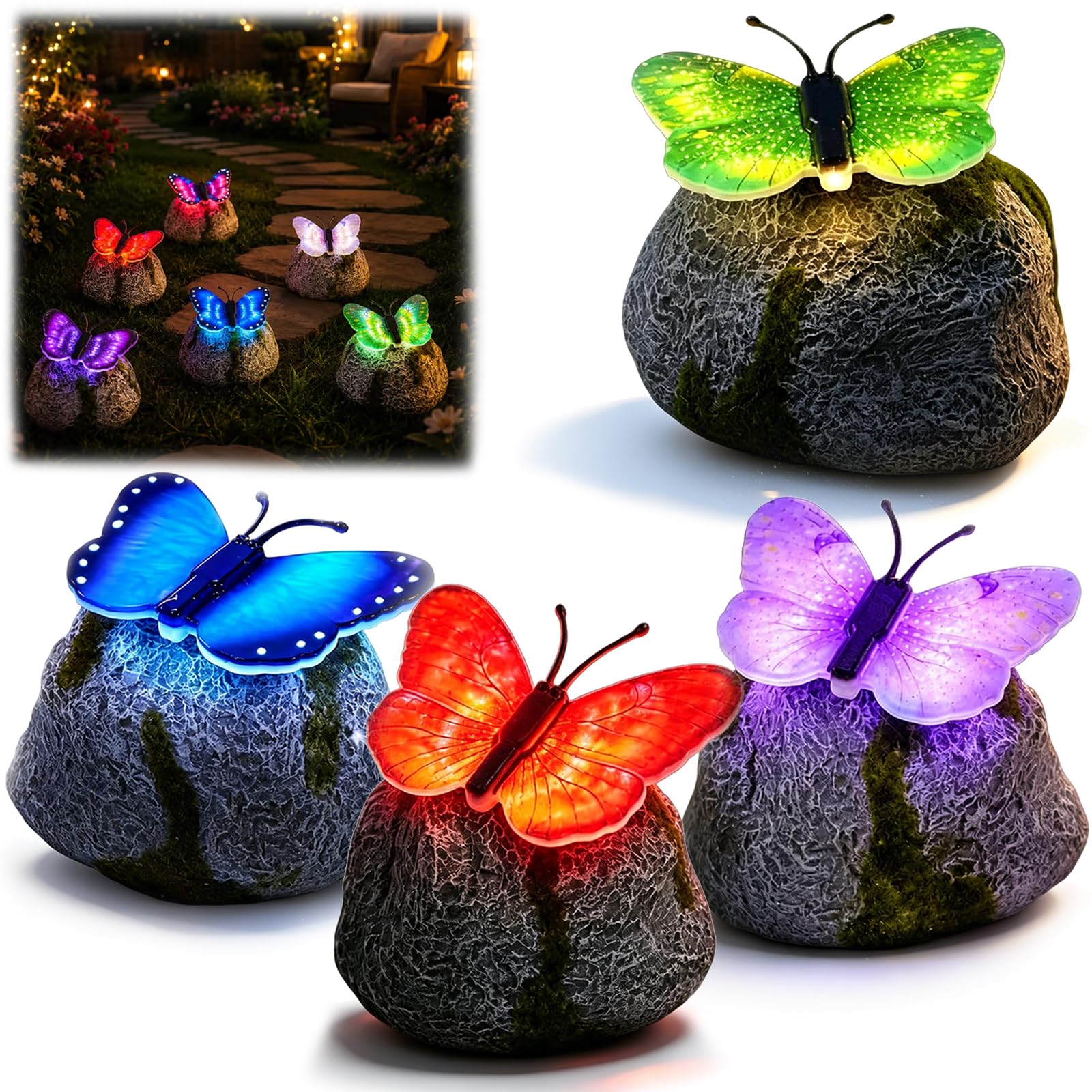 ELMVAR Illuminated Butterfly Stone Garden Light, Solar LED Powered Outdoor Decor, Waterproof Resin Butterfly Statue, Glowing Yard Ornament for Patio Lawn Flower Bed (All Color,8)