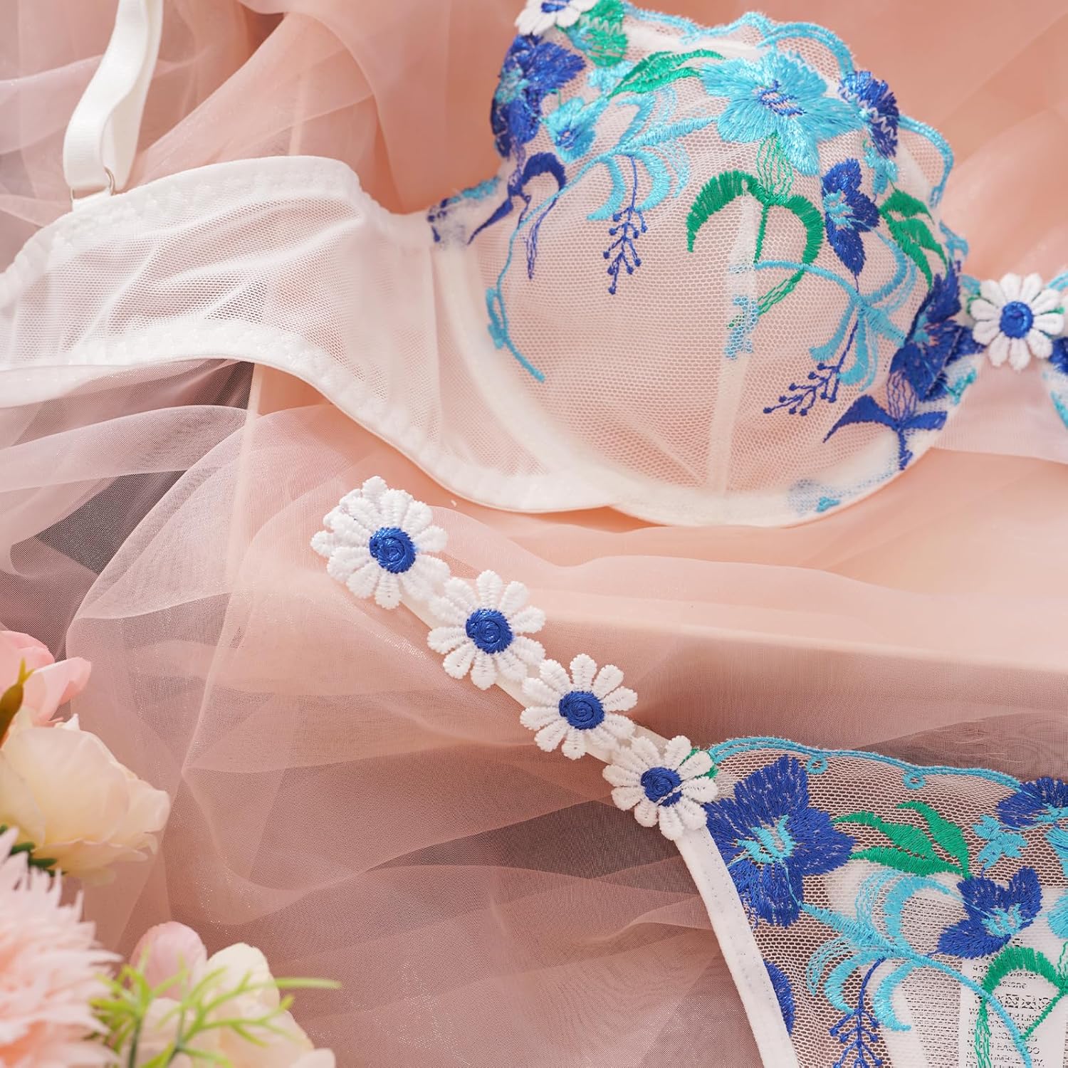 Womens Lingerie Set Underwire Cute Underwear Lace Mesh Blue Flora Embroidered Panty Bra - Image 3