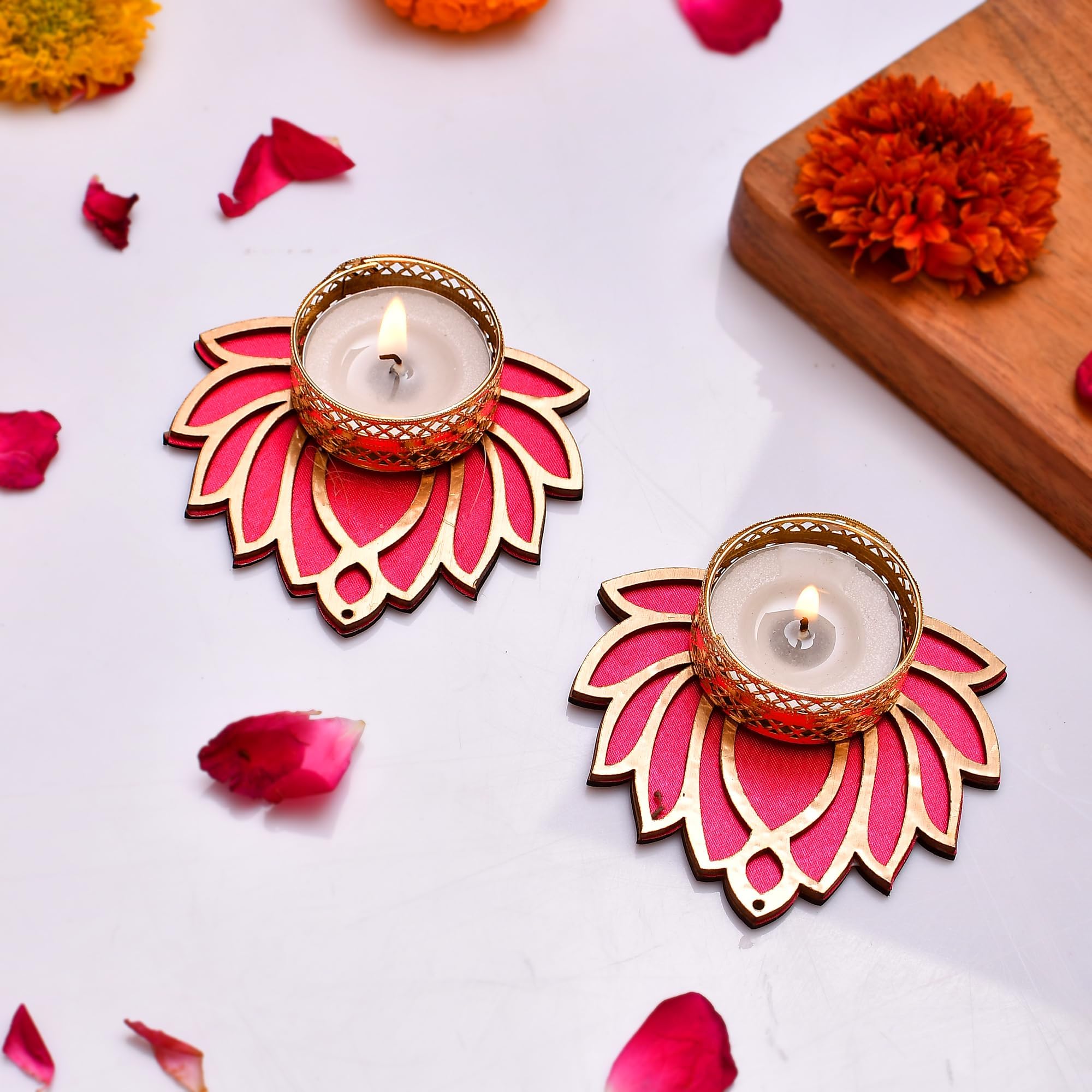 CraftVatika Handmade Lotus Tealight Candle Holder Set of 2 for Diwali Home Navratra Onam Decoration Diwali Diya Tealight Candle Holder (Including Tealight) (Golden, 8.8 CM Length) (Set of 2)