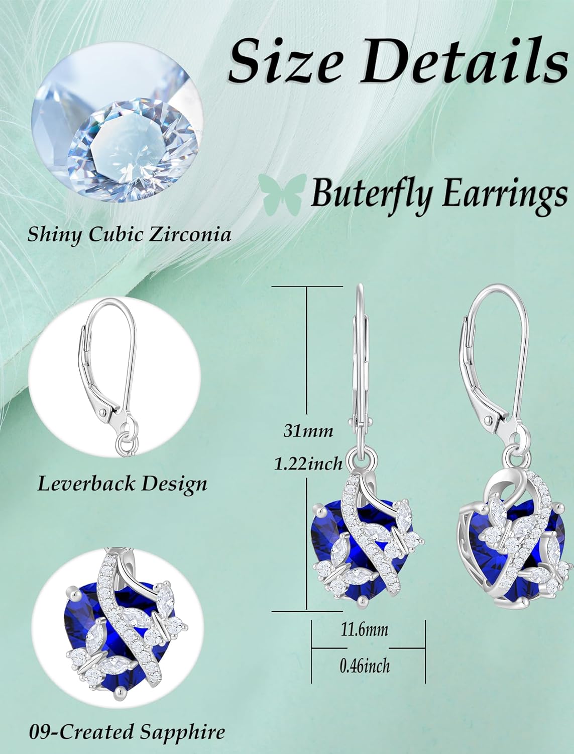 925 Sterling Silver Butterfly Earrings Necklace Created Sapphire Heart Jewelry Set - Image 7
