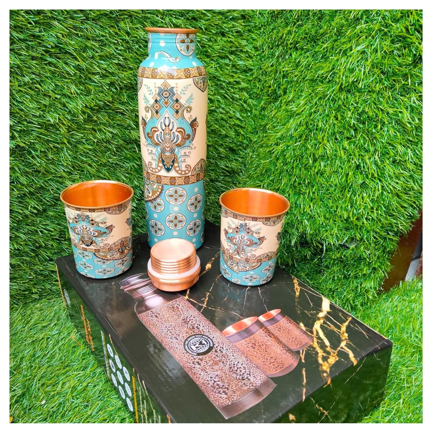 Botellas de agua de cobre con 2 vasos y caja de regalo juego de 3 piezas de 950ml