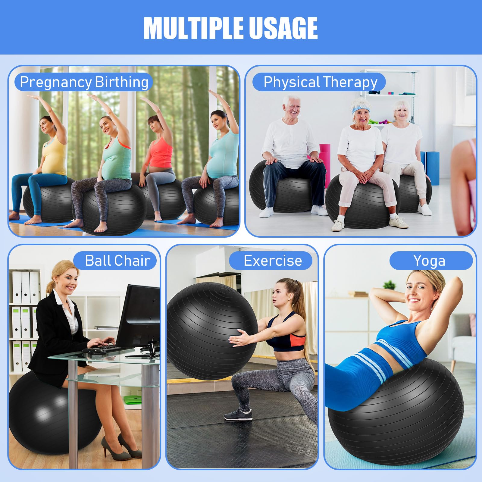 Leyndo Yoga-Ball, Gymnastikball, groß, 66 cm, Anti-Burst, Geburts-Fitnessball mit Pumpe, 65 cm für verbesserte Körperhaltung, Balance, Yoga, Pilates, Training, 2 Stück