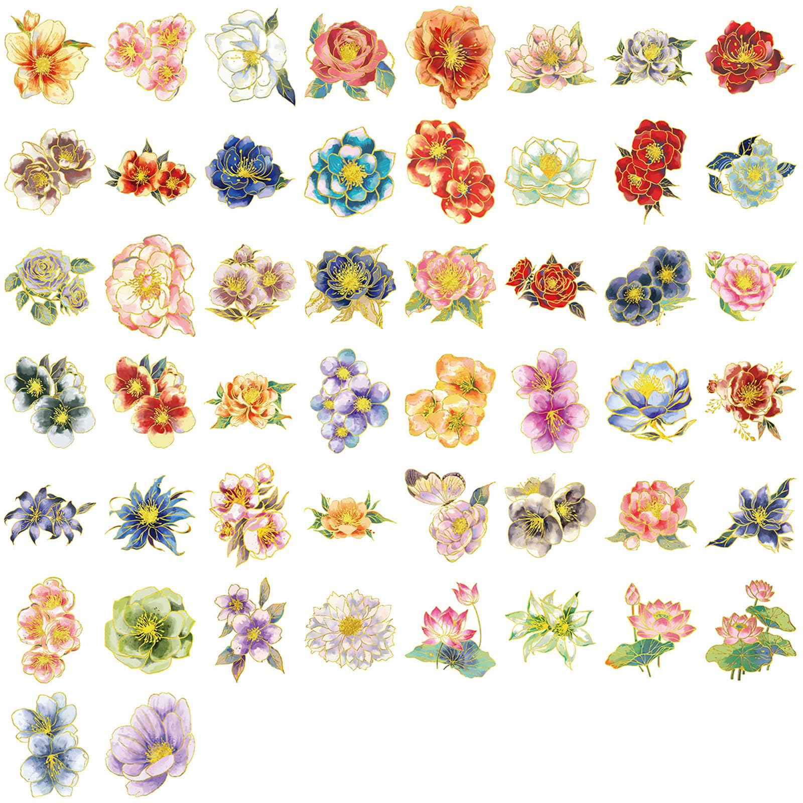 50Pcs Aesthetic Flower Sticker Waterproof Adhesive PET Sticker for Scrapbooking Journal Notebook Phone Case Guitar PET Transfers