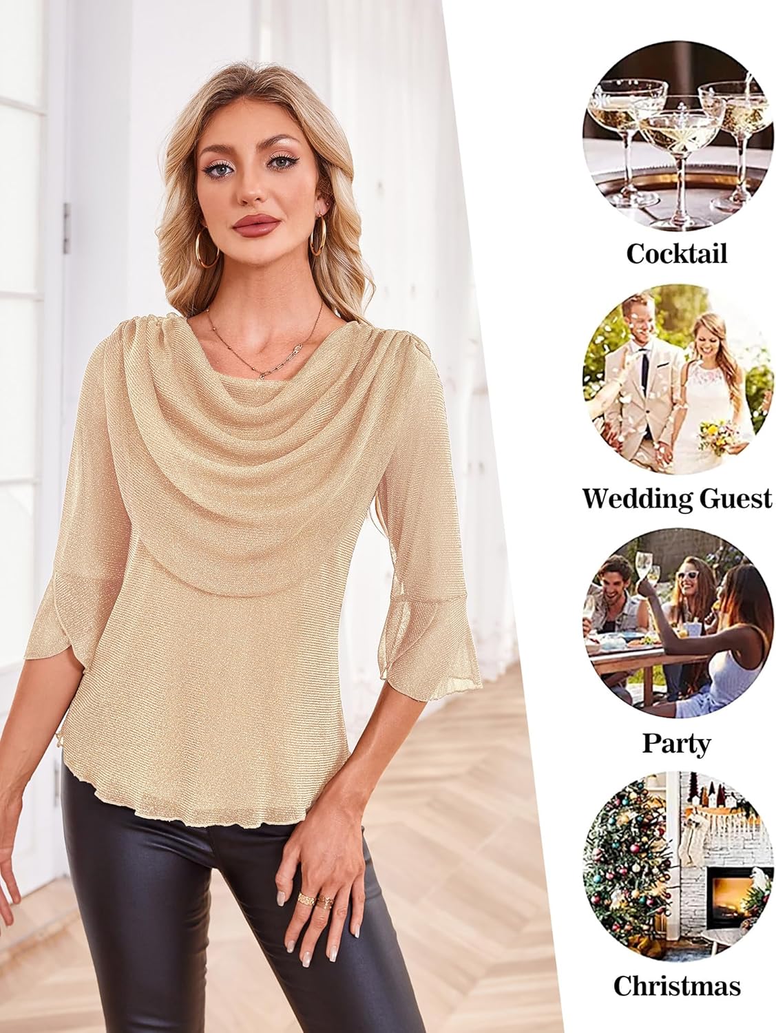 Lotusmile Blouses for Women Dressy Casual 3/4 Sleeve Cowl Neck Sparkly Tops Cocktail Shirts for Evening Party - Image 6