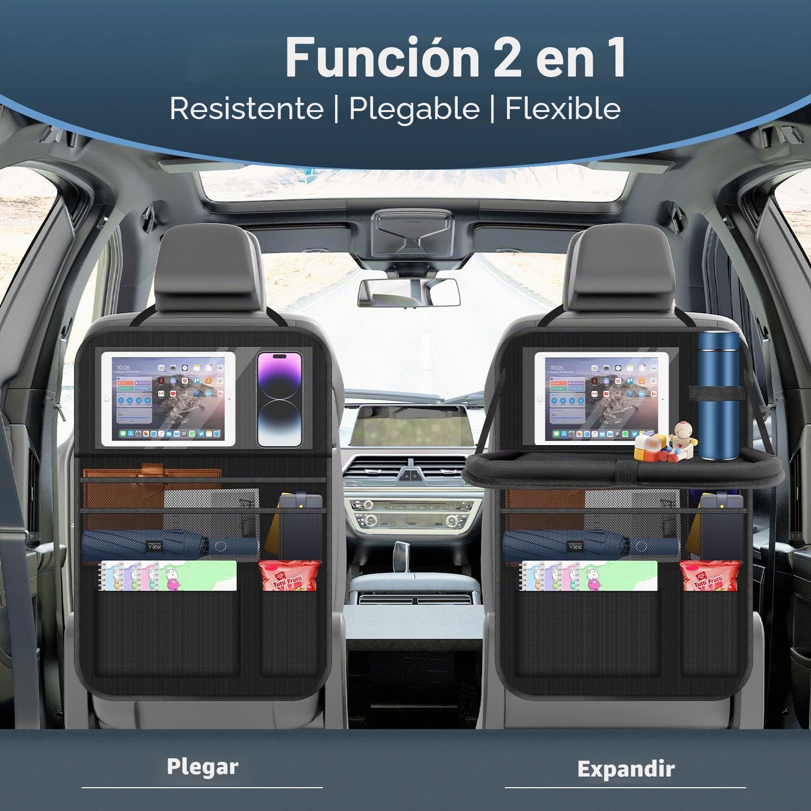 Organizador de asiento de coche, organizador de asiento de coche, protección para respaldo grande, para niños, multifuncional, resistente al agua, organizador de asiento trasero con mesa
