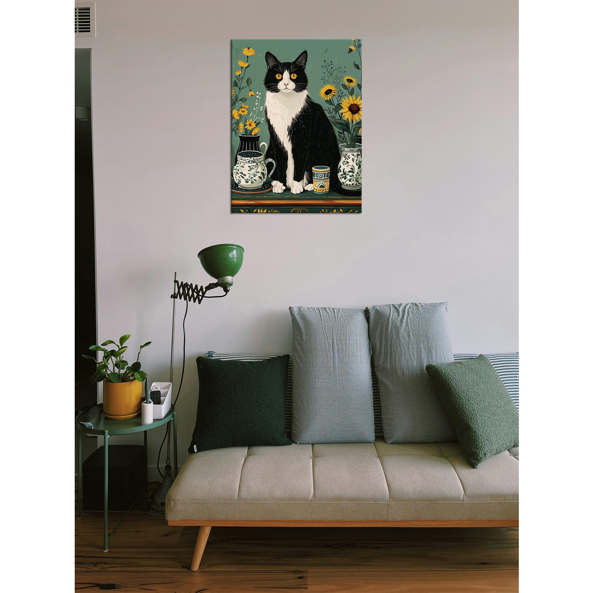Classic Green Wall Art Black and White Cat Flowers Wall Decor Cat with Floral Vase Picture Framed Vintage Canvas Print Abstract Painting Poster Room
