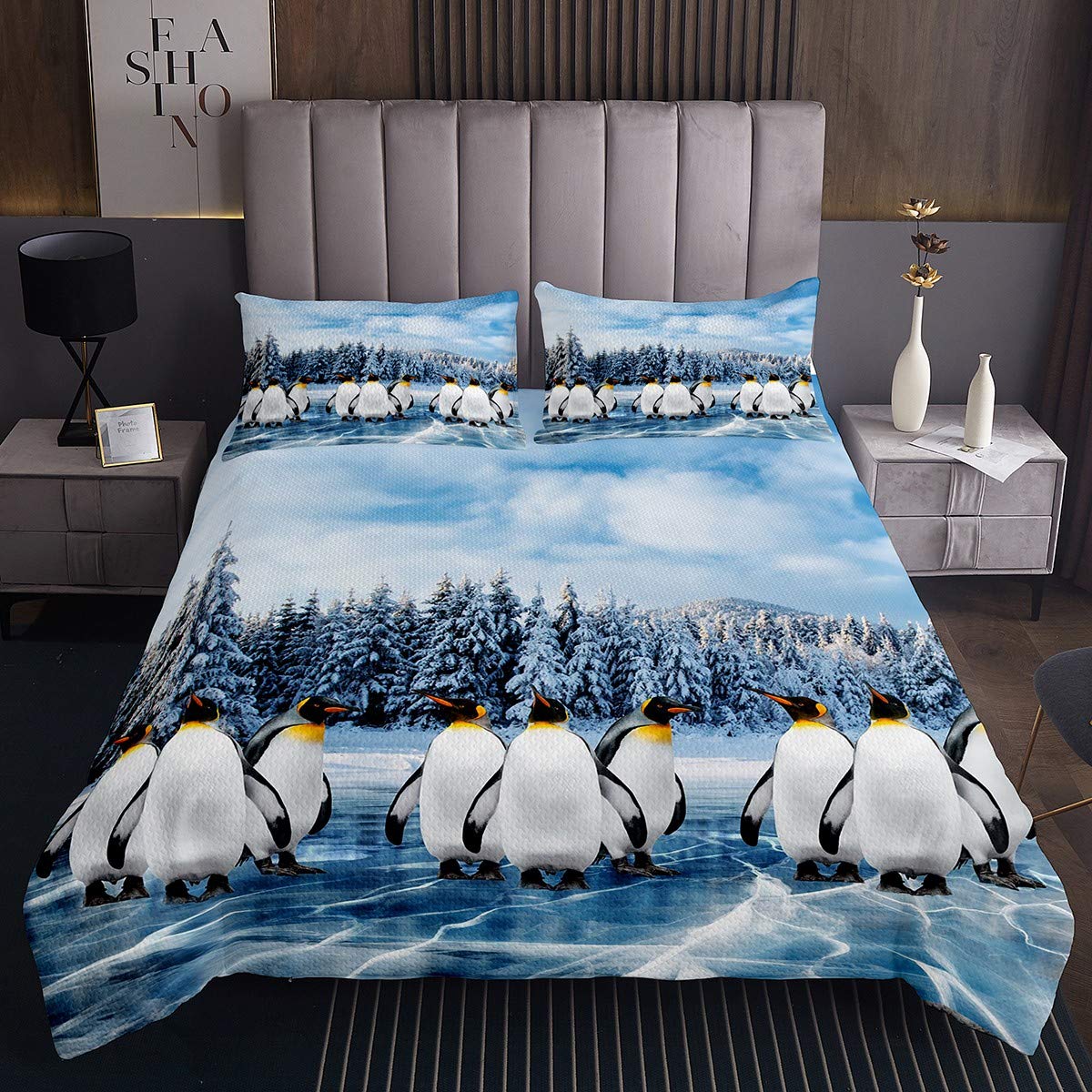 Copriletto trapuntato con motivo a pinguini motivo invernale motivo animale polare trapuntato per la da letto blu bianco natura trapuntato per letto 170X230cm