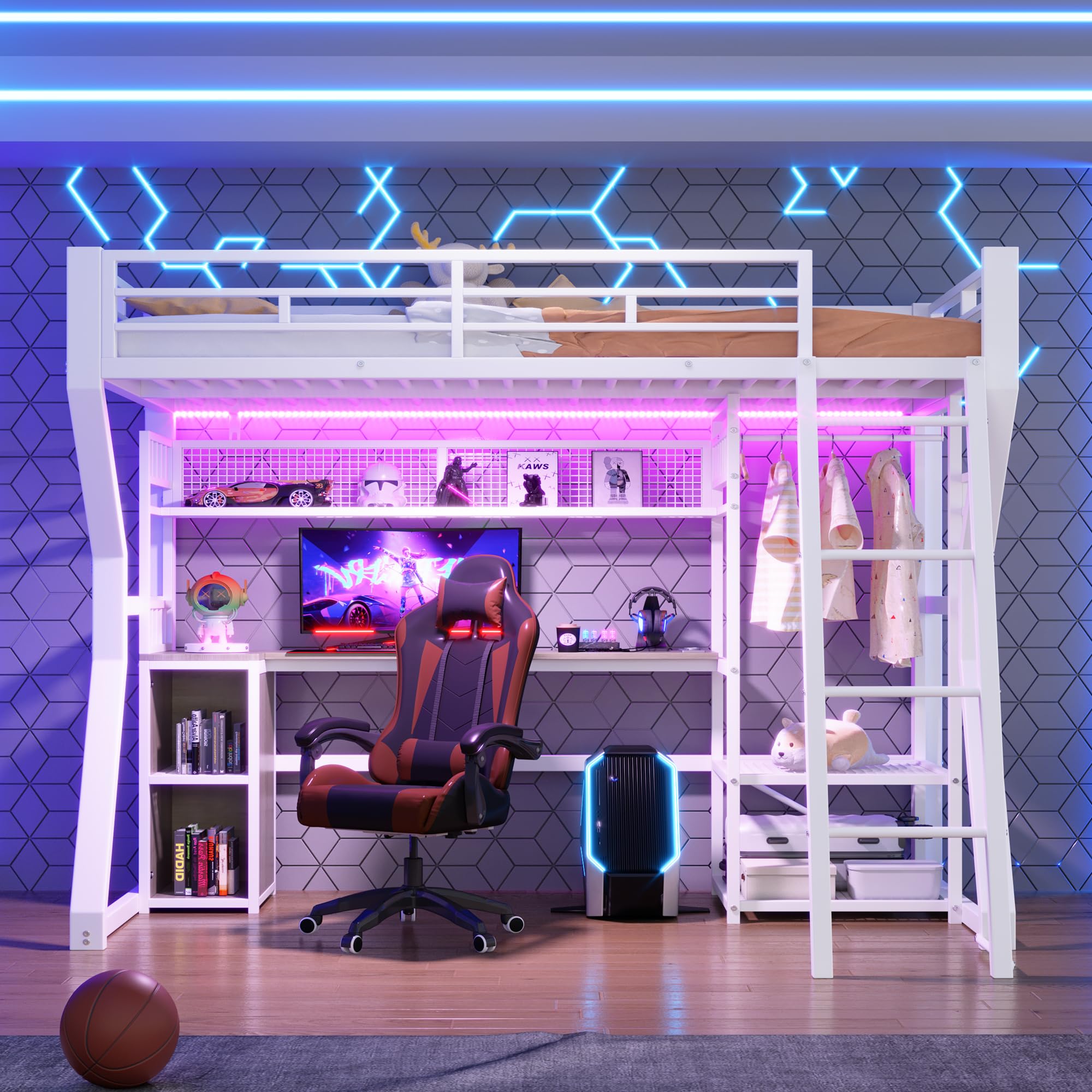 Lit Mezzanine Enfant 90x200cm avec Bande LED et Prise Électrique,Lit Superposé 1 Places en Métal avec Penderie,Bureau, Rangements,Étagères,Cadre de Lit Simple per Ado,sans Matelas,Blanc