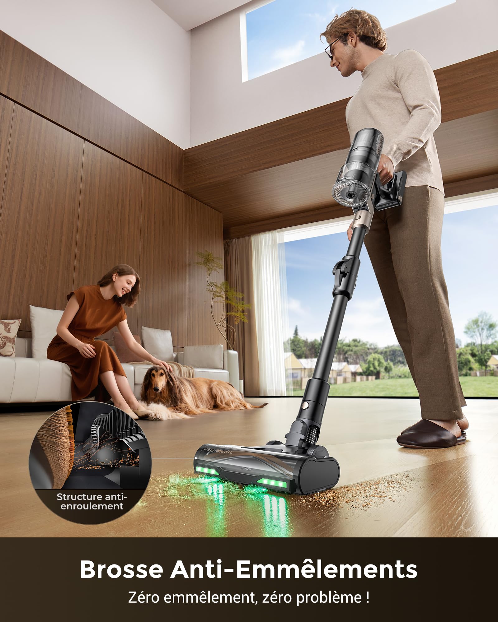 70Kpa Aspirateur Balai sans Fil,Proscenic 680W/70Min Aspirateur Laveur avec Nettoyage de Sol,Aspirateur Pliable sans Fil Puissant,Autoportante,Brosse Anti-Enmêlement pour Tapis,Poils Animaux,Voit
