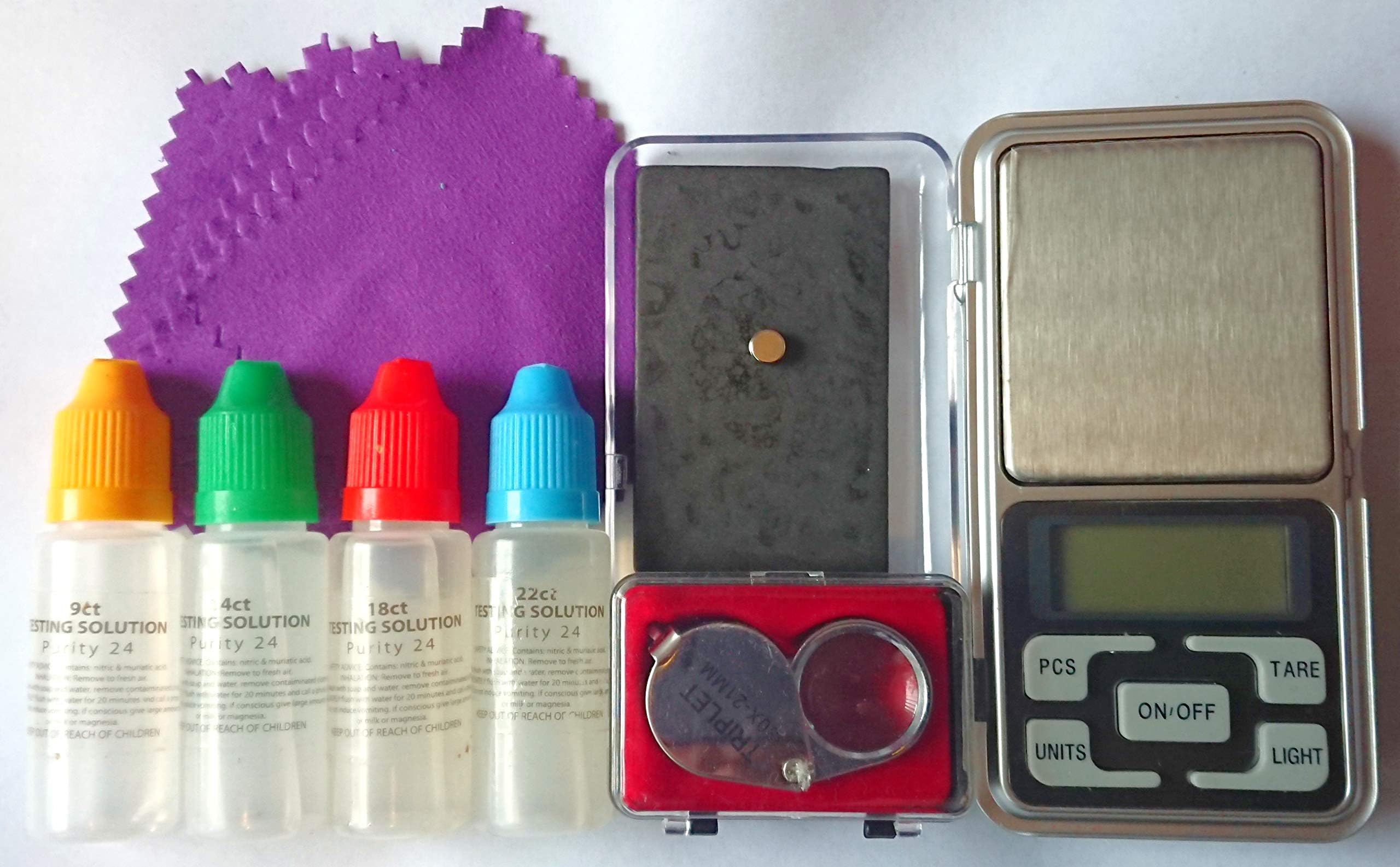 Gold Testing Acid Kit, Digital Scales 0.1g 500g, 21x30mm Loupe, Magnets, Cloths