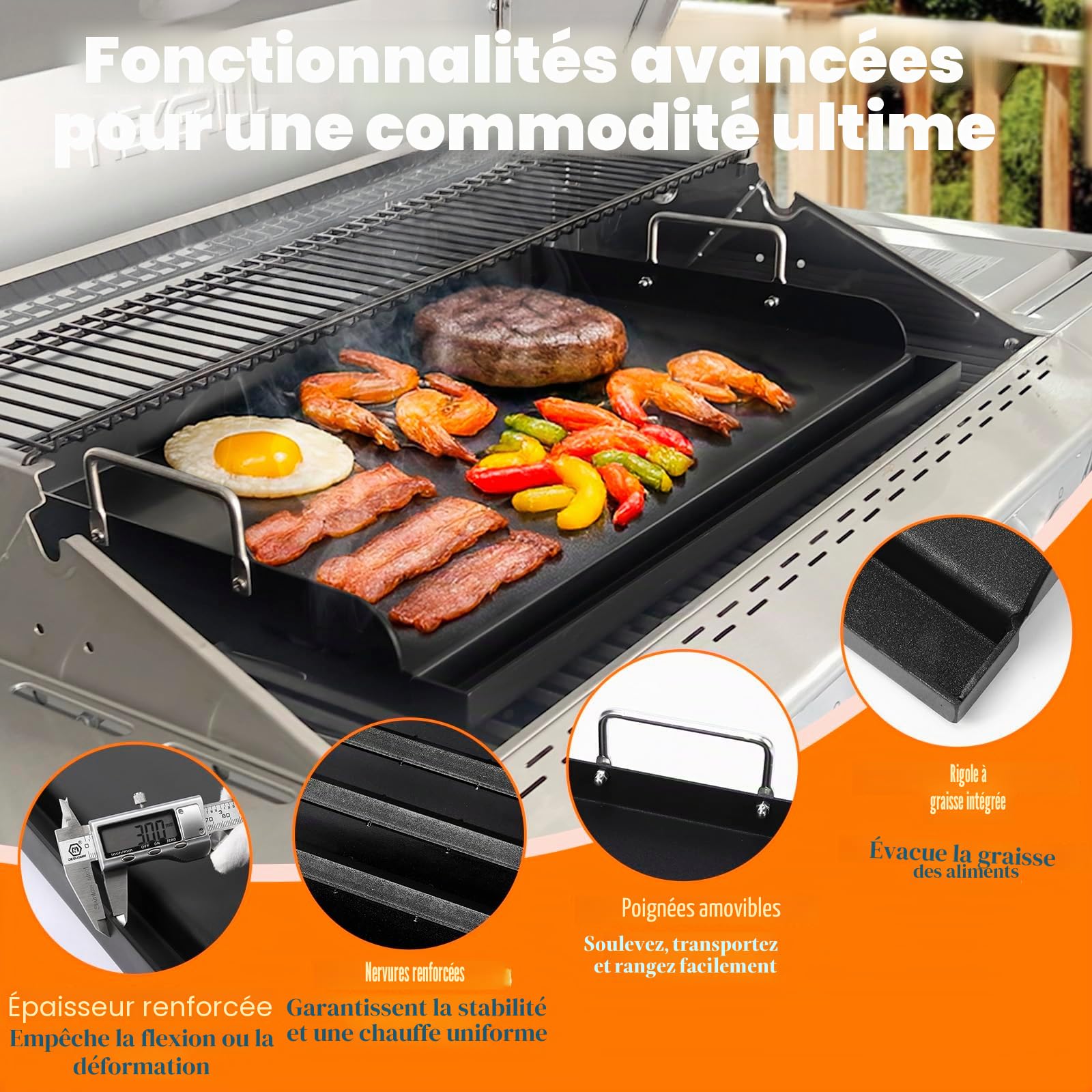 GFTIME Plancha en téflon 63 x 41 cm plaque supérieure plate universelle pour barbecue gaz charbon