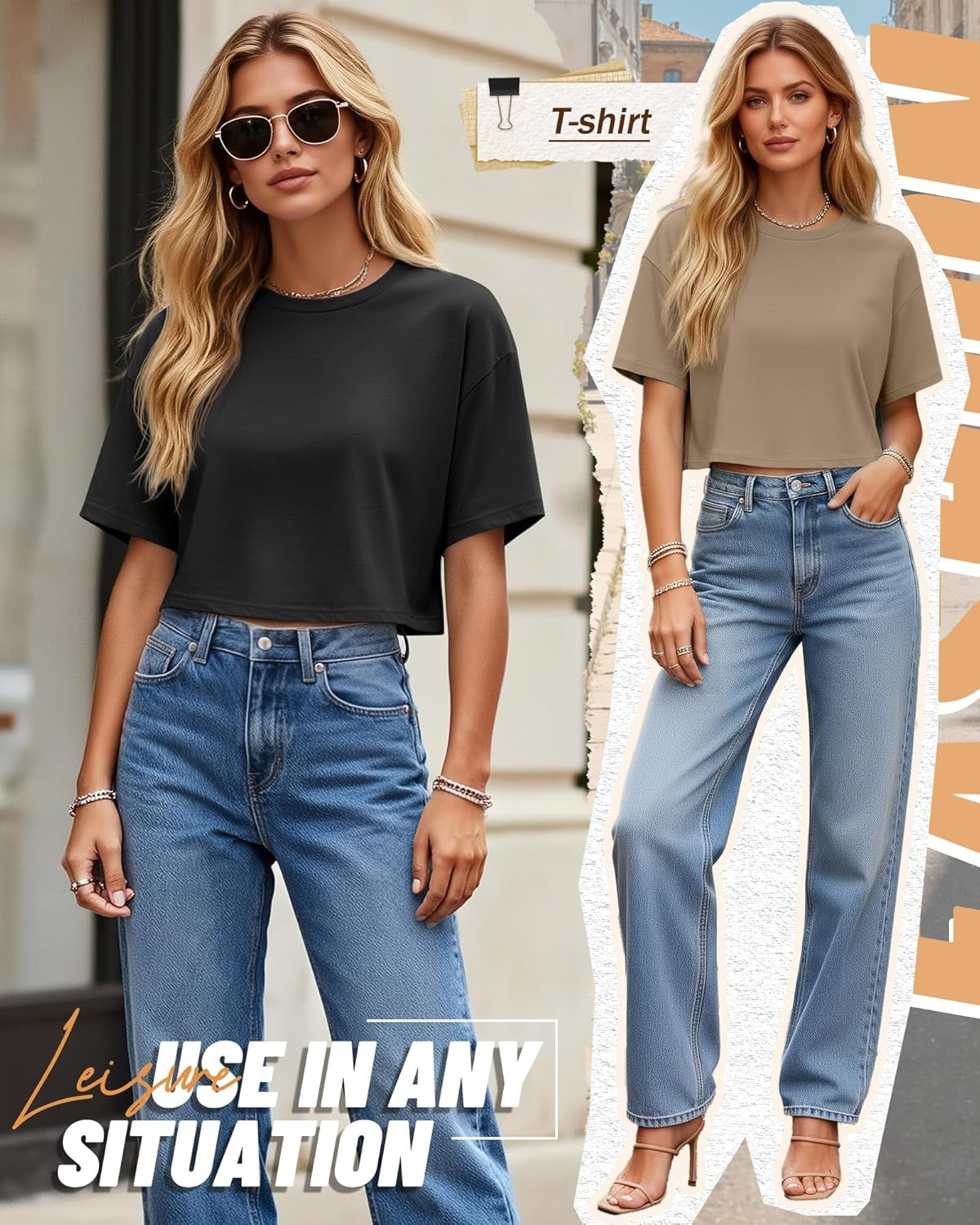 Ficerd 3 Pack Women Crop Tops Half Sleeve Cropped T Shirts Casual Crew Neck Drop Shoulder Loose Summer Solid Color - Image 5