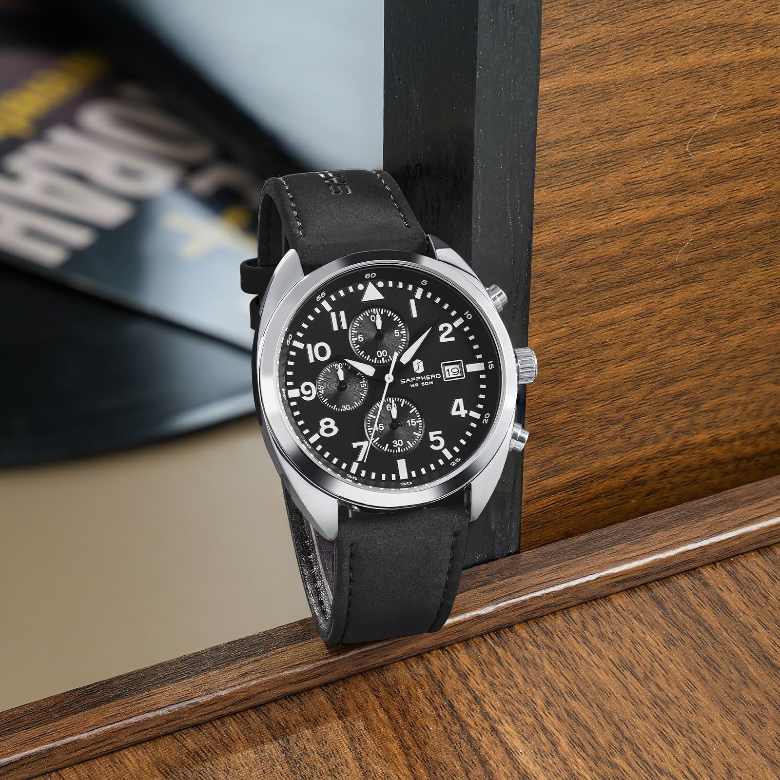SAPPHERO Reloj para Hombre Reloj de Cuarzo analógico con Correa de Cuero, Reloj clásico de Negocios para Hombre, Esfera con números arábigos, fácil Lectura