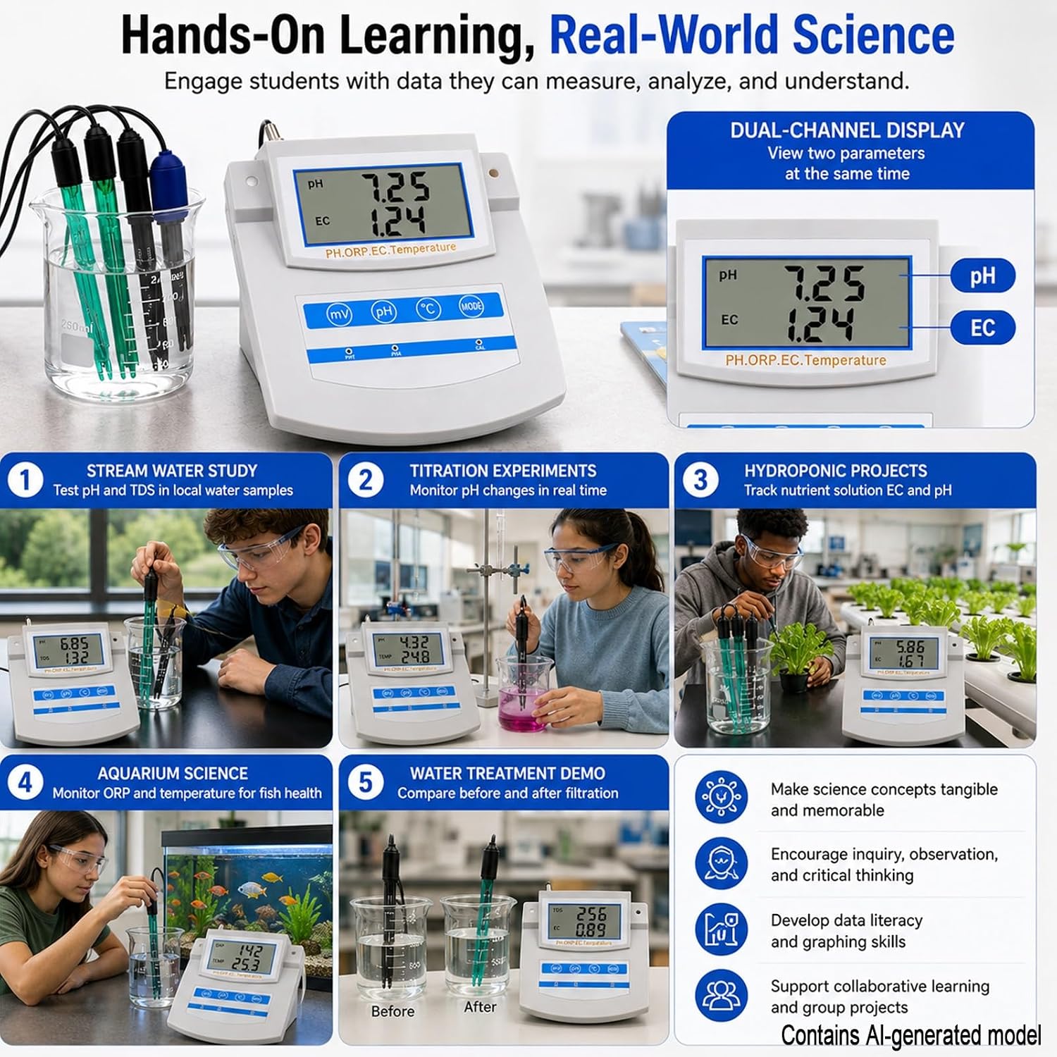 6 in 1 Water Quality Monitor for STEM Education – Benchtop Digital Meter for pH TDS EC CF ORP Temperature, Lab Grade Multi-Parameter Analyzer with ATC for Science Classroom and School Lab