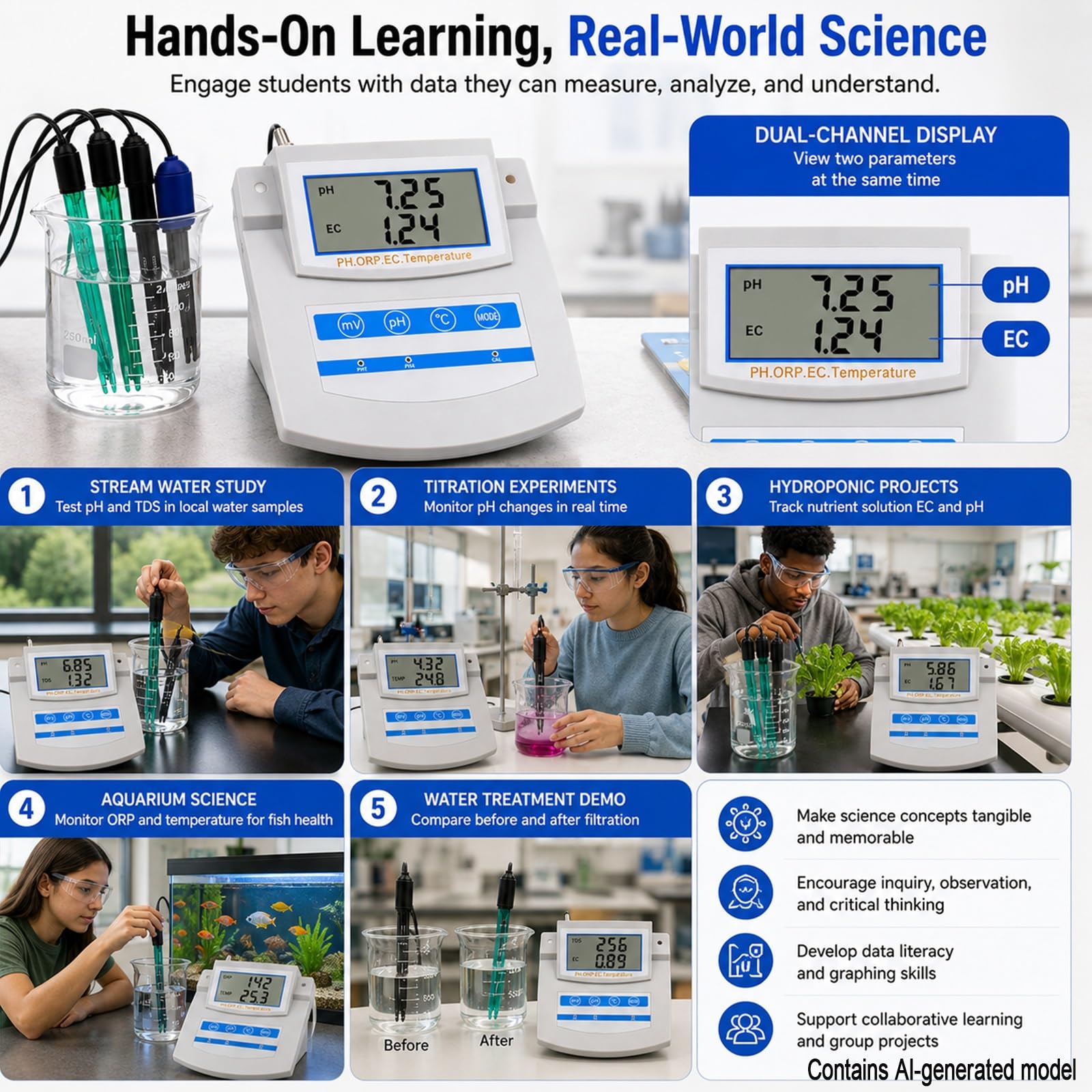 Monitor Calidad Agua 6 En 1 para Stem – Medidor Digital De Mesa pH TDS EC CF ORP Temp, Analizador Multiparámetro Lab con ATC para Aula Ciencias Y Laboratorio Escolar