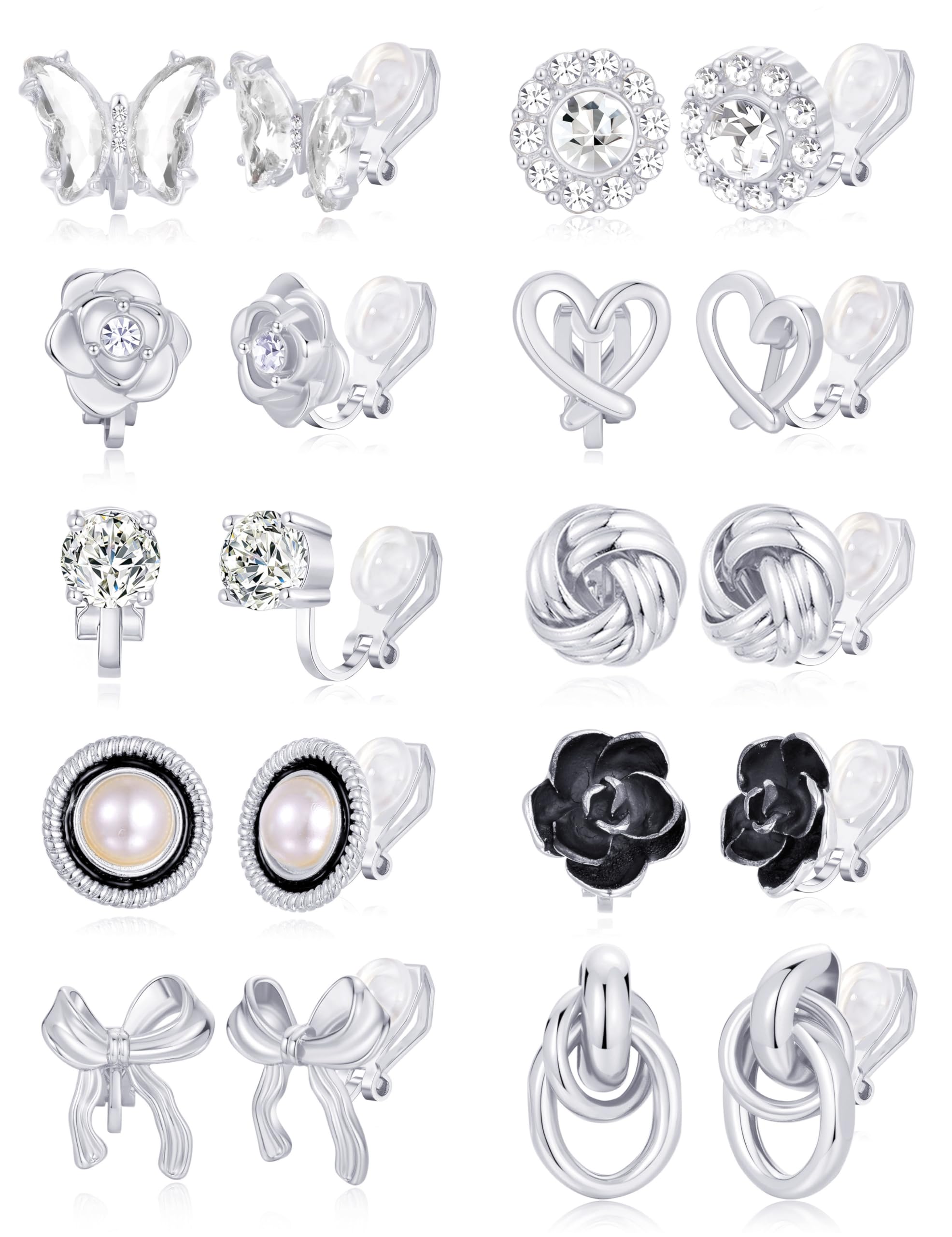 10 Pairs Clip On Earrings Round CZ Pearl Twist Knot Bowknot Rose Flower Butterfly Heart Crystal Non Pierced Earrings Clip on Stud Set for Women Silver Gold Tone