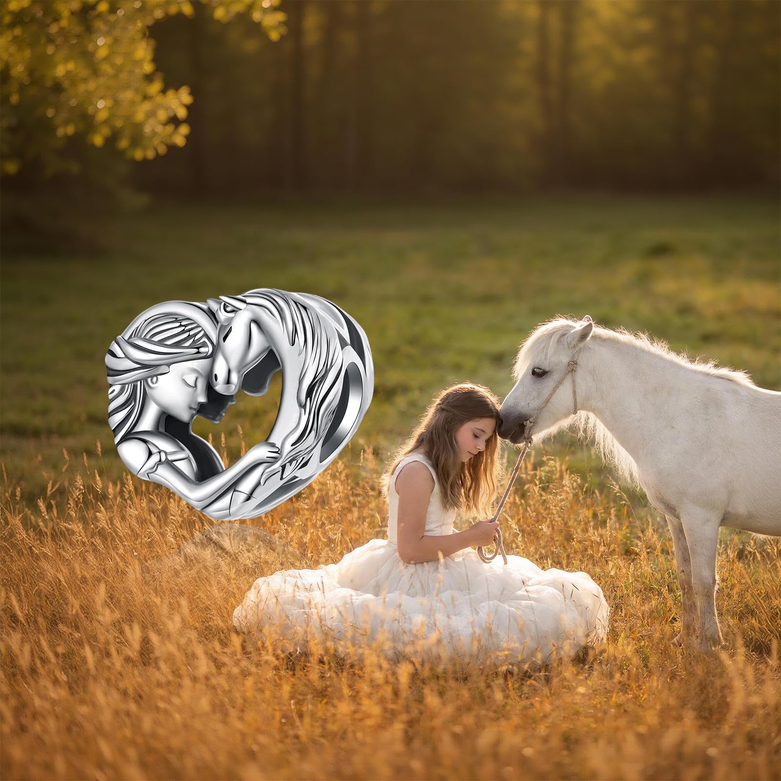 Ciondolo Cavallo con Cuore per Ragazze Argento 925，Charme Cavallo e Ragazza a Cuore，Charm Bracciali Europei，Regalo Natale per Figlia, Madre o Amanti degli Animali